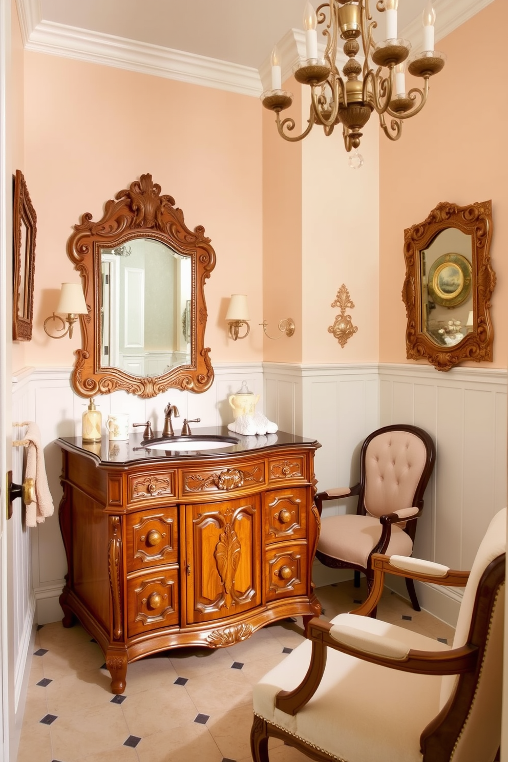 A large powder room designed with vintage furniture pieces that exude charming appeal. The focal point is an ornate wooden vanity with intricate carvings, complemented by an antique mirror with a decorative frame. Soft pastel colors adorn the walls, creating a warm and inviting atmosphere. A plush upholstered chair sits in one corner, while a vintage chandelier hangs gracefully from the ceiling.