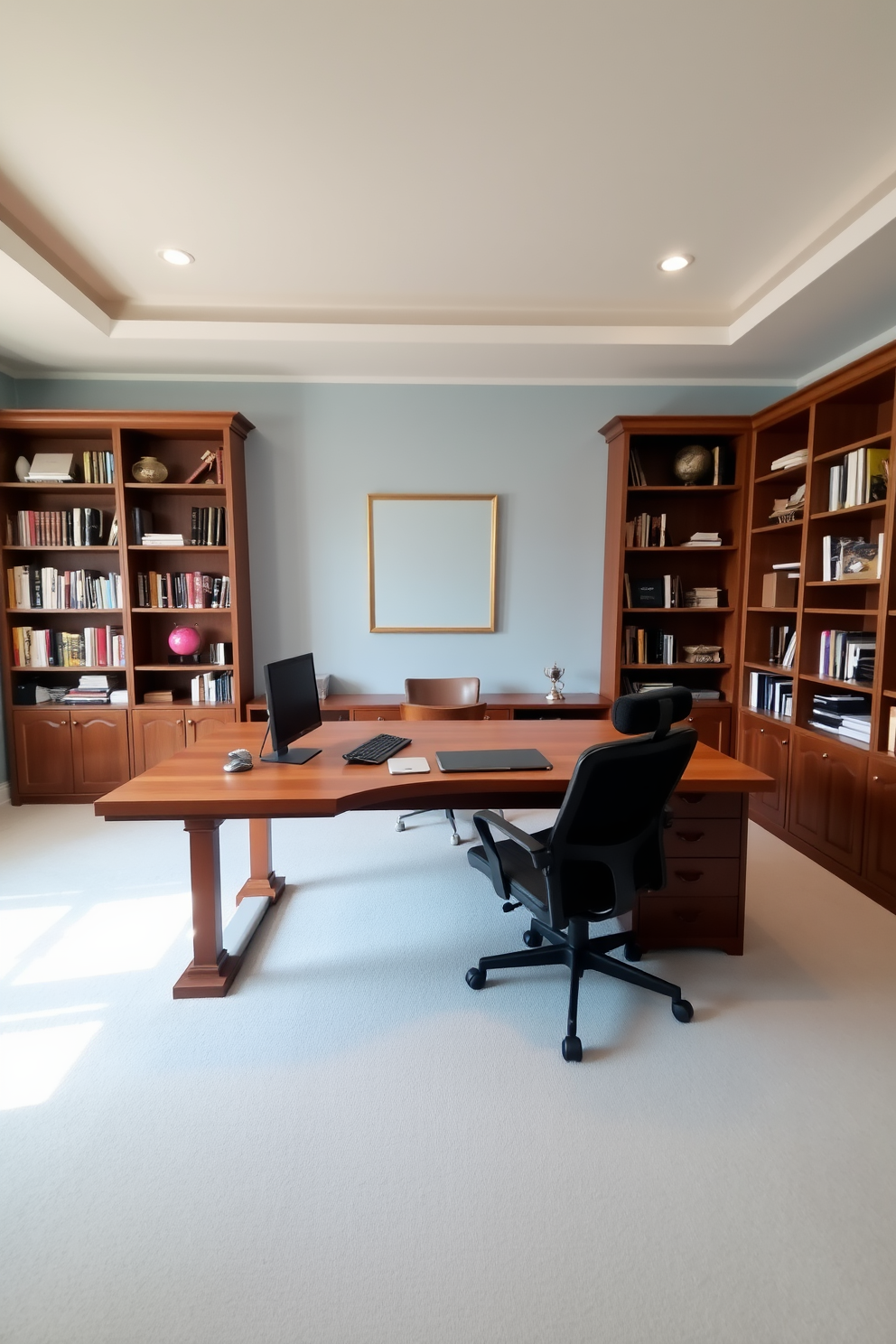 A spacious study room featuring a large wooden desk with ample workspace. An ergonomic chair is positioned in front of the desk, providing comfort for long hours of work. The walls are painted in a soft blue hue, creating a calming atmosphere. Bookshelves line one side of the room, filled with a collection of books and decorative items.