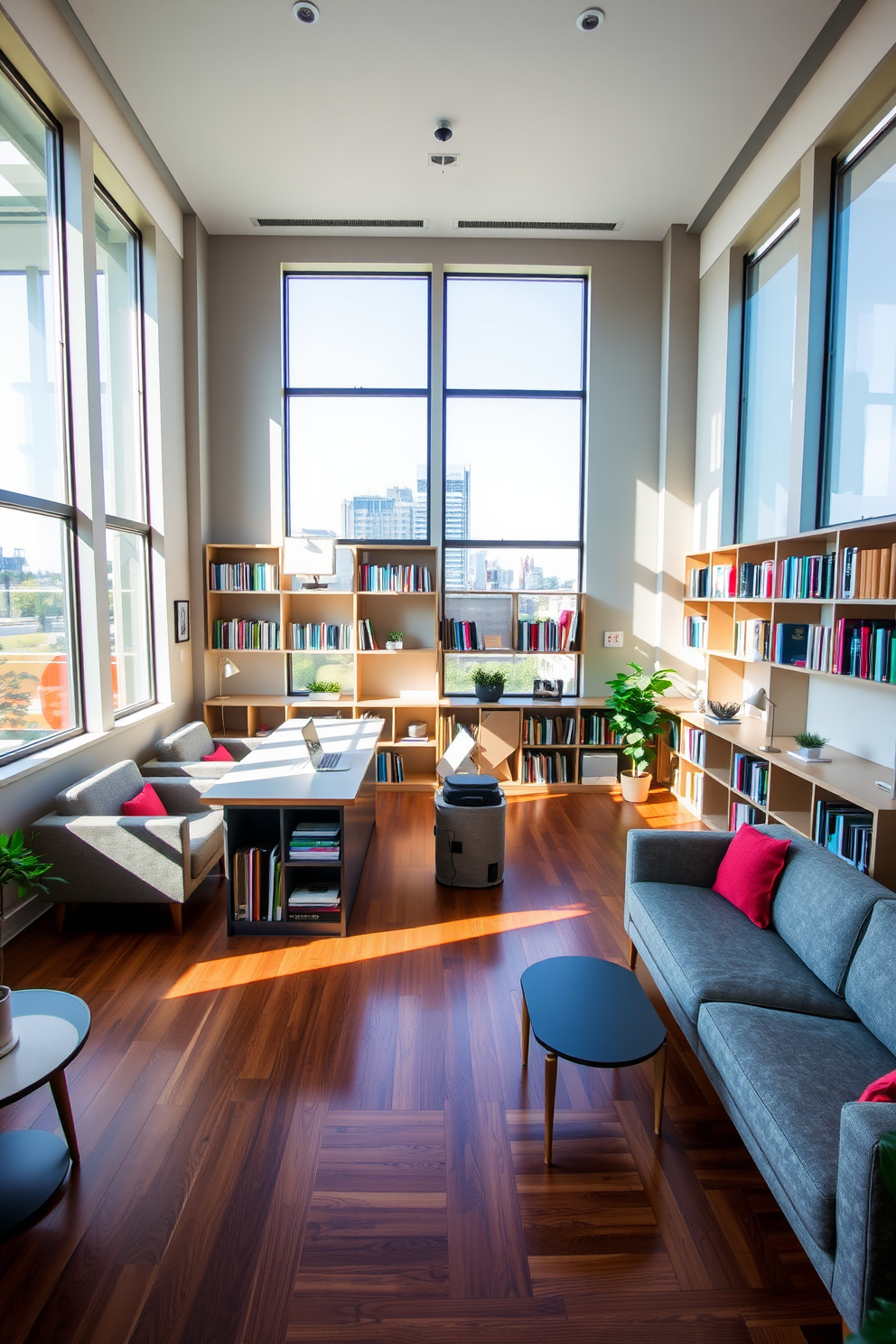 A large study room featuring multi-functional furniture that seamlessly blends style and practicality. The space includes a sleek desk that doubles as a bookshelf, surrounded by comfortable seating that can be easily rearranged for collaborative work. Natural light floods the room through large windows, casting a warm glow on the rich wooden flooring. A neutral color palette with pops of vibrant accent colors creates an inviting atmosphere conducive to productivity and creativity.