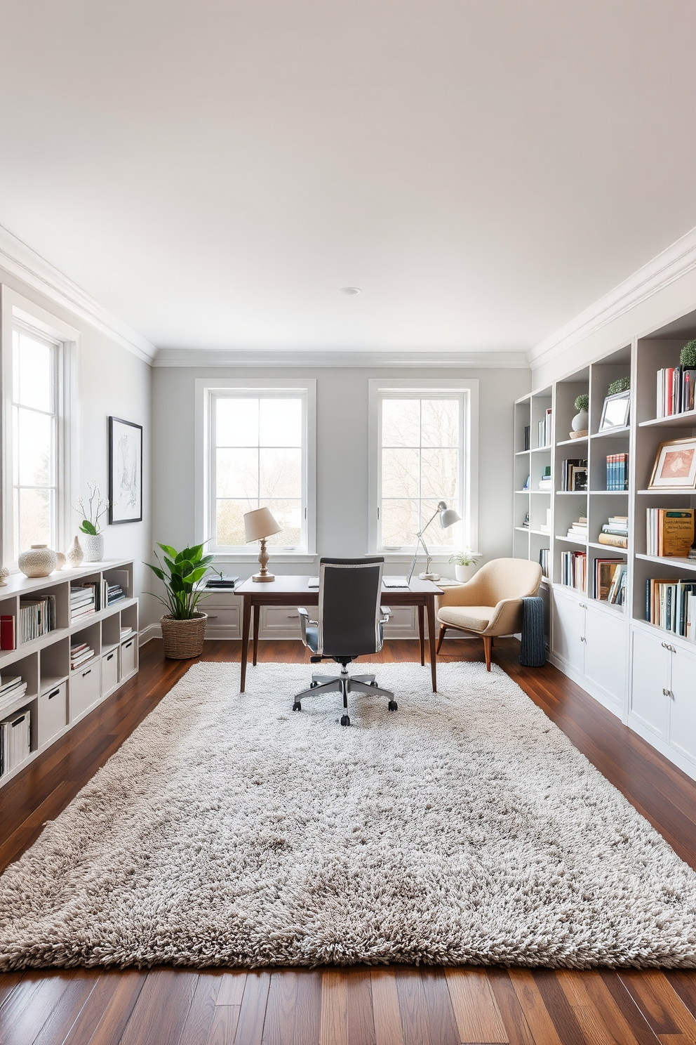 A large study room featuring a plush area rug that defines the study area. The room is filled with natural light from large windows, and a sleek wooden desk sits on the rug, accompanied by an ergonomic chair. The walls are painted in a calming light gray, creating a serene atmosphere. Bookshelves line one side of the room, filled with books and decorative items, while a cozy reading nook with a comfortable armchair is placed in the corner.