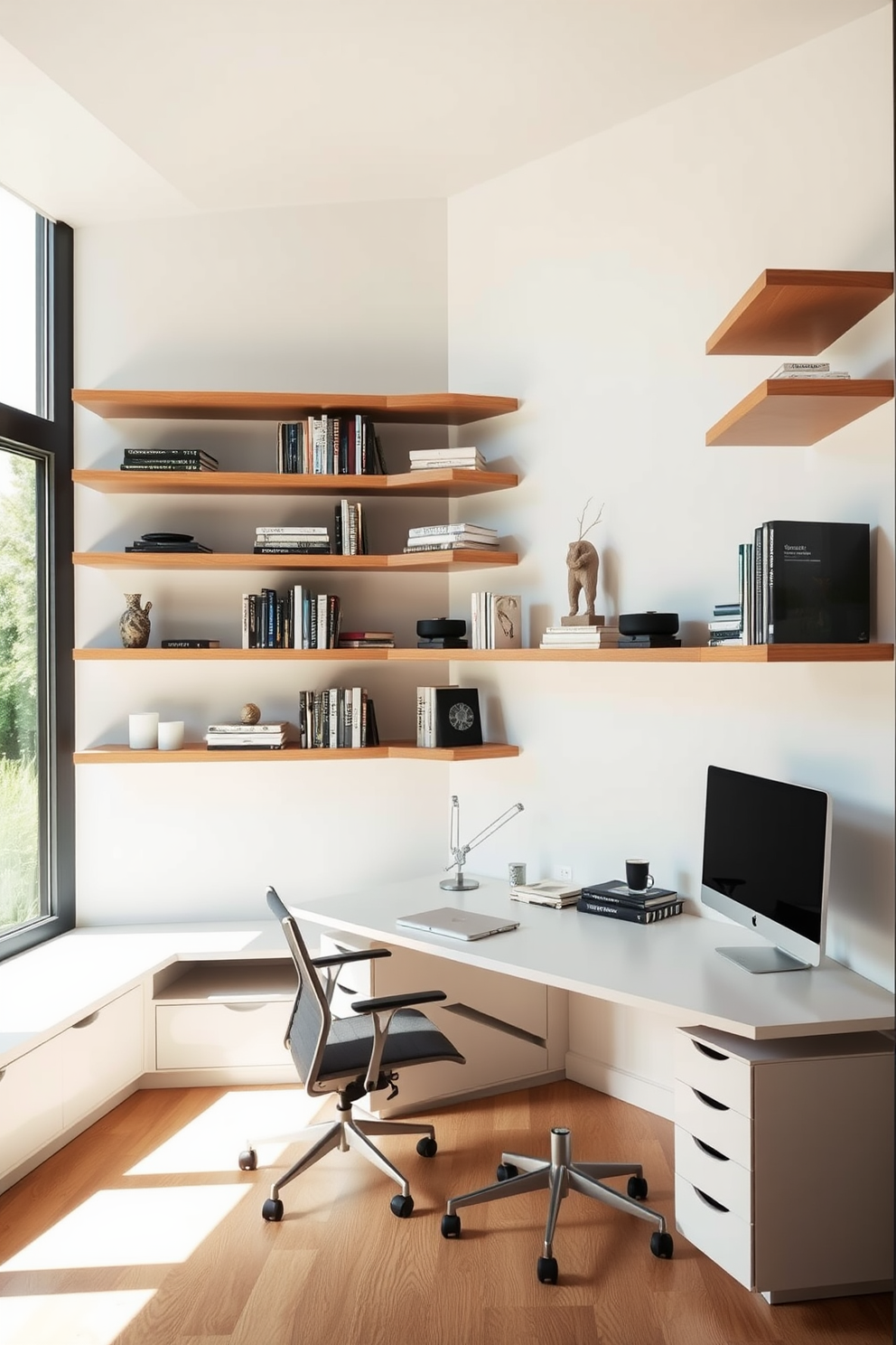 A spacious study room featuring floating shelves that provide a modern aesthetic. The shelves are made of sleek wood and are adorned with carefully curated books and decorative items, enhancing the room's contemporary vibe. The study area includes a large desk with a minimalist design, complemented by an ergonomic chair for comfort. Natural light floods the space through large windows, highlighting the neutral color palette of the walls and furnishings.