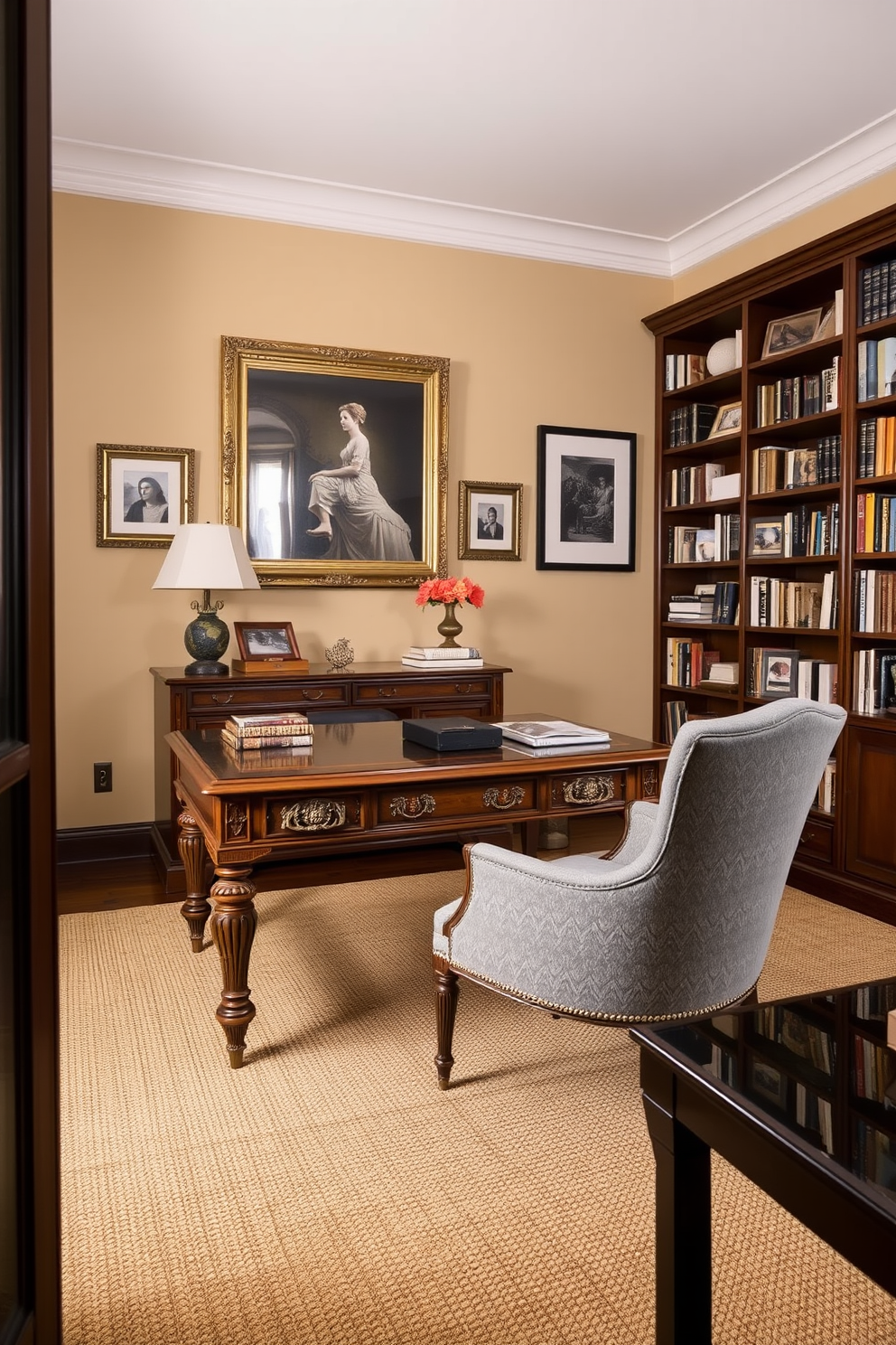 A vintage wooden desk with intricate carvings sits in the center of a spacious study room. It is paired with a sleek contemporary chair upholstered in a soft gray fabric, creating a striking contrast. The walls are painted in a warm beige tone, adorned with framed art that reflects a mix of classic and modern styles. A large bookshelf filled with books and decorative items lines one side of the room, adding character and functionality.