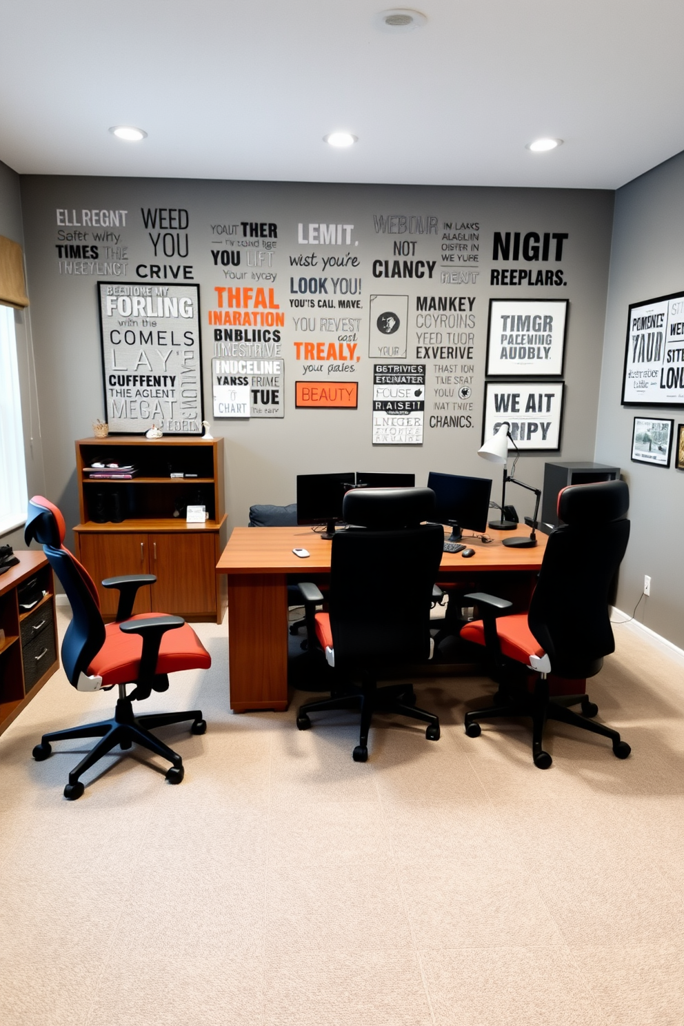 A large study room designed for productivity and inspiration. The walls are adorned with personalized motivational wall art that reflects the owner's goals and aspirations. The room features a spacious wooden desk positioned near a window for natural light. Comfortable ergonomic chairs are placed around a large table, creating an inviting space for work and collaboration.