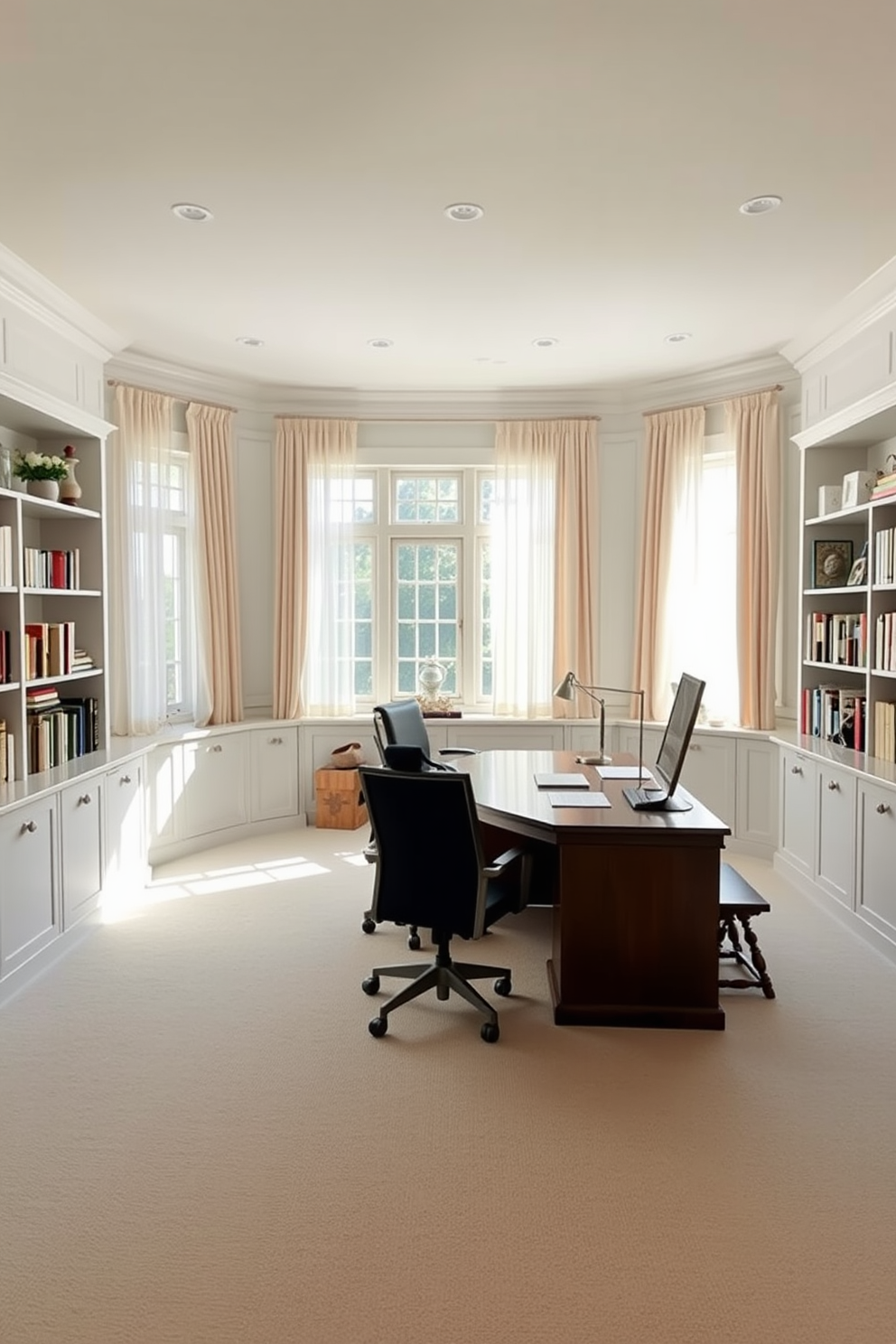 A large study room with a soft color palette that promotes a calm environment. The walls are painted in a light pastel shade, and the room features a spacious wooden desk with an ergonomic chair. Natural light floods the space through large windows adorned with sheer curtains. Bookshelves line the walls, filled with neatly organized books and decorative items for a personal touch.