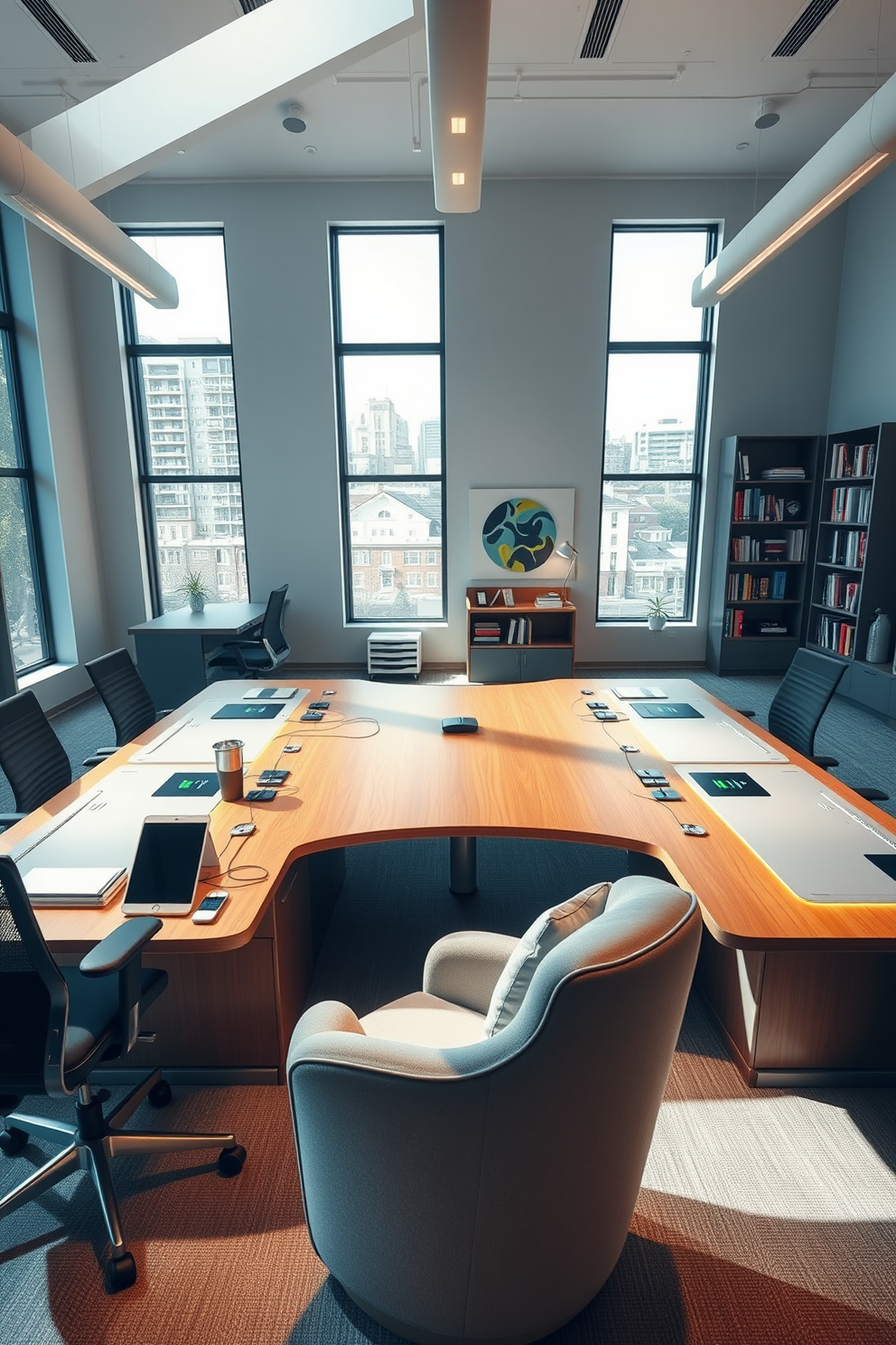 A tech-friendly workspace featuring sleek charging stations integrated into a modern desk design. The room is illuminated by natural light streaming through large windows, with ergonomic chairs and organized shelving to enhance productivity. A spacious study room designed for comfort and focus, with a large wooden desk positioned in the center. Soft, ambient lighting complements the cozy reading nook, which includes a plush armchair and a small bookshelf filled with favorite titles.