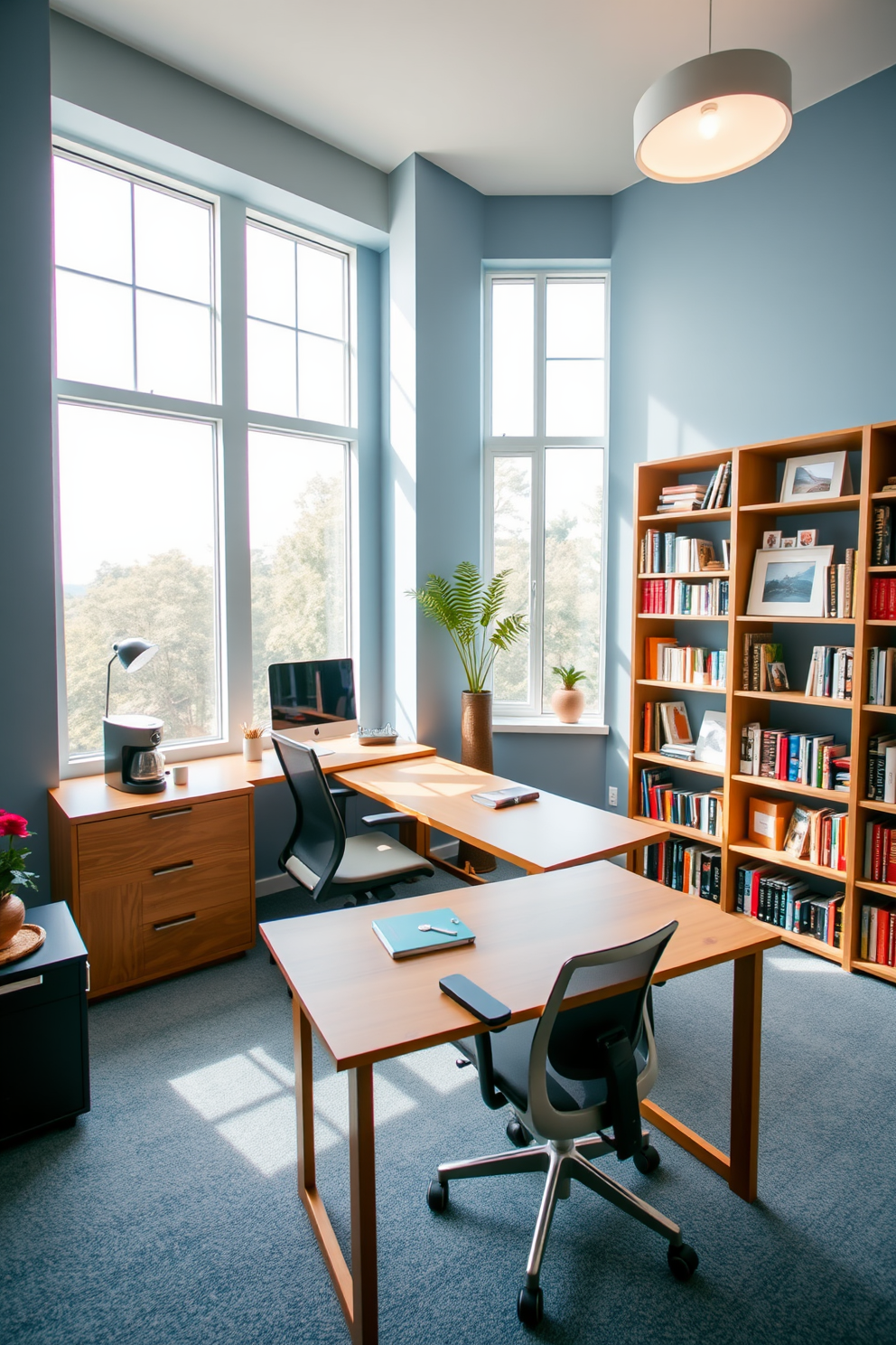 A spacious study room featuring a modern coffee station in one corner for convenience. The room is filled with natural light from large windows, and the walls are painted in a calming blue hue. A sleek wooden desk is positioned against the wall, accompanied by a comfortable ergonomic chair. Bookshelves line the opposite wall, filled with books and decorative items, creating an inviting and productive atmosphere.