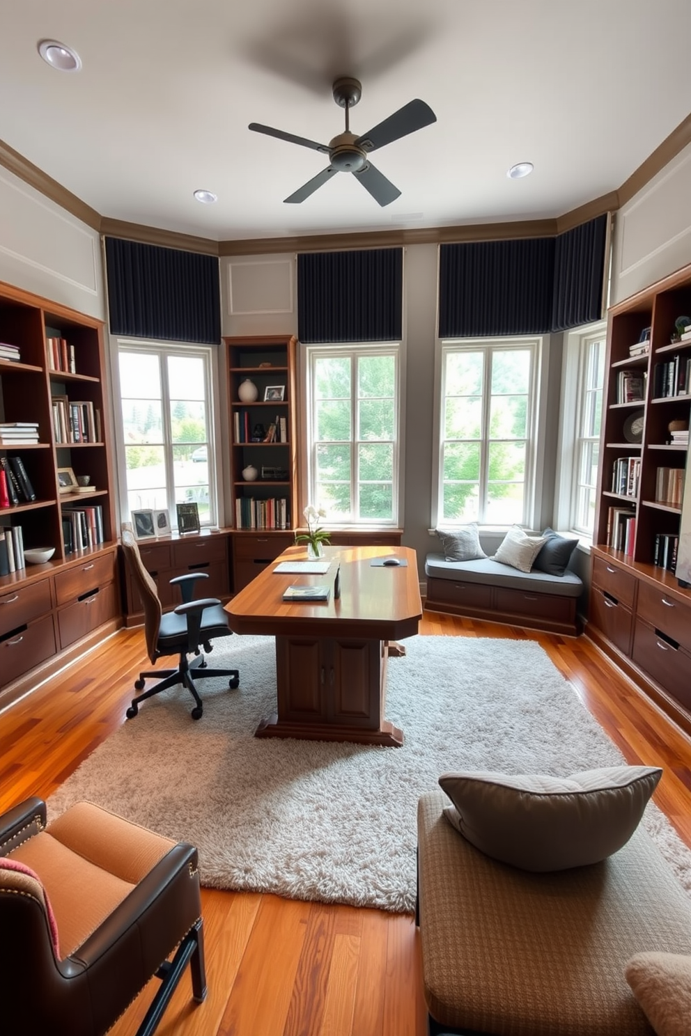 A spacious study room designed for quiet focus features soundproofing elements integrated into the walls and ceiling. The room is filled with natural light from large windows, and a plush area rug adds warmth to the hardwood floor. The focal point is a large wooden desk positioned against a wall, surrounded by built-in bookshelves filled with books and decorative items. Comfortable seating options include a stylish ergonomic chair and a cozy reading nook by the window, adorned with soft cushions.