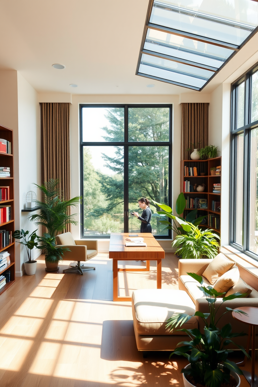 A spacious study room filled with natural light streaming through large floor-to-ceiling windows. The room features a sleek wooden desk positioned near the windows, surrounded by plush seating and vibrant greenery. The walls are painted in a soft neutral tone, creating a calming atmosphere. A large bookshelf filled with books and decorative items lines one side of the room, adding character and warmth.