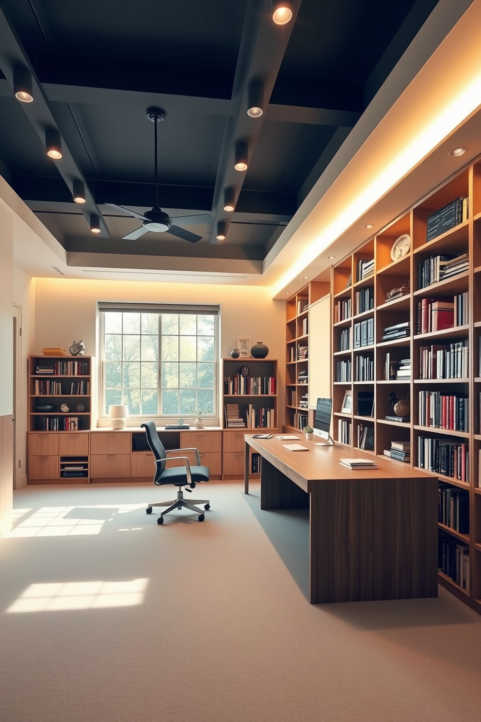 Layered lighting creates a versatile atmosphere in a large study room. Incorporate a mix of ambient, task, and accent lighting to enhance functionality and mood. The study features a spacious desk positioned near a large window, allowing natural light to flood the space. Surround the desk with bookshelves filled with neatly organized books and decorative items to inspire creativity.