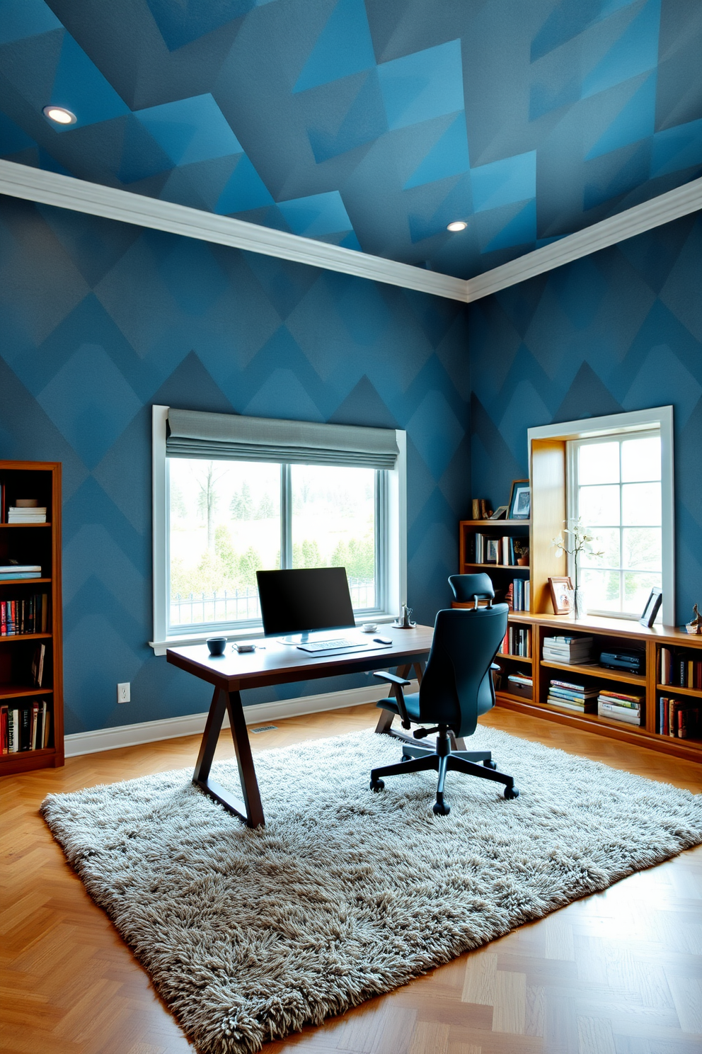 A large study room features a striking geometric patterned wallpaper in shades of blue and grey. The room is furnished with a sleek wooden desk positioned in front of a large window that lets in ample natural light. A comfortable ergonomic chair complements the desk, while a built-in bookshelf showcases an array of books and decorative items. The floor is adorned with a plush area rug that ties the geometric theme together, creating a cohesive and inviting atmosphere.