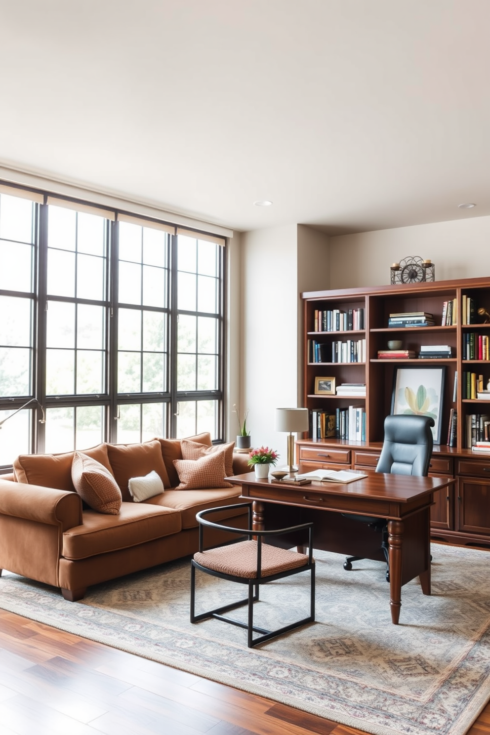 A cozy living room featuring a plush couch adorned with soft throw pillows. The couch is positioned near a large window that allows natural light to flood the space, creating a warm and inviting atmosphere. A spacious study room designed for productivity and comfort. It includes a large wooden desk with ample storage, surrounded by bookshelves filled with neatly organized books and decorative items.