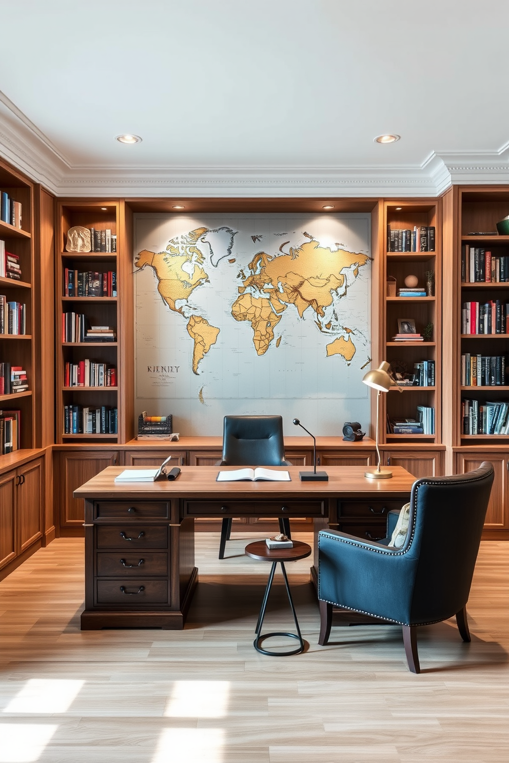 A spacious study room filled with natural light. The focal point is a large wooden desk positioned against a wall adorned with a world map, inspiring creativity and exploration. Surrounding the desk are built-in bookshelves filled with books and decorative items. A comfortable armchair sits in the corner, accompanied by a small side table and a stylish floor lamp for reading.