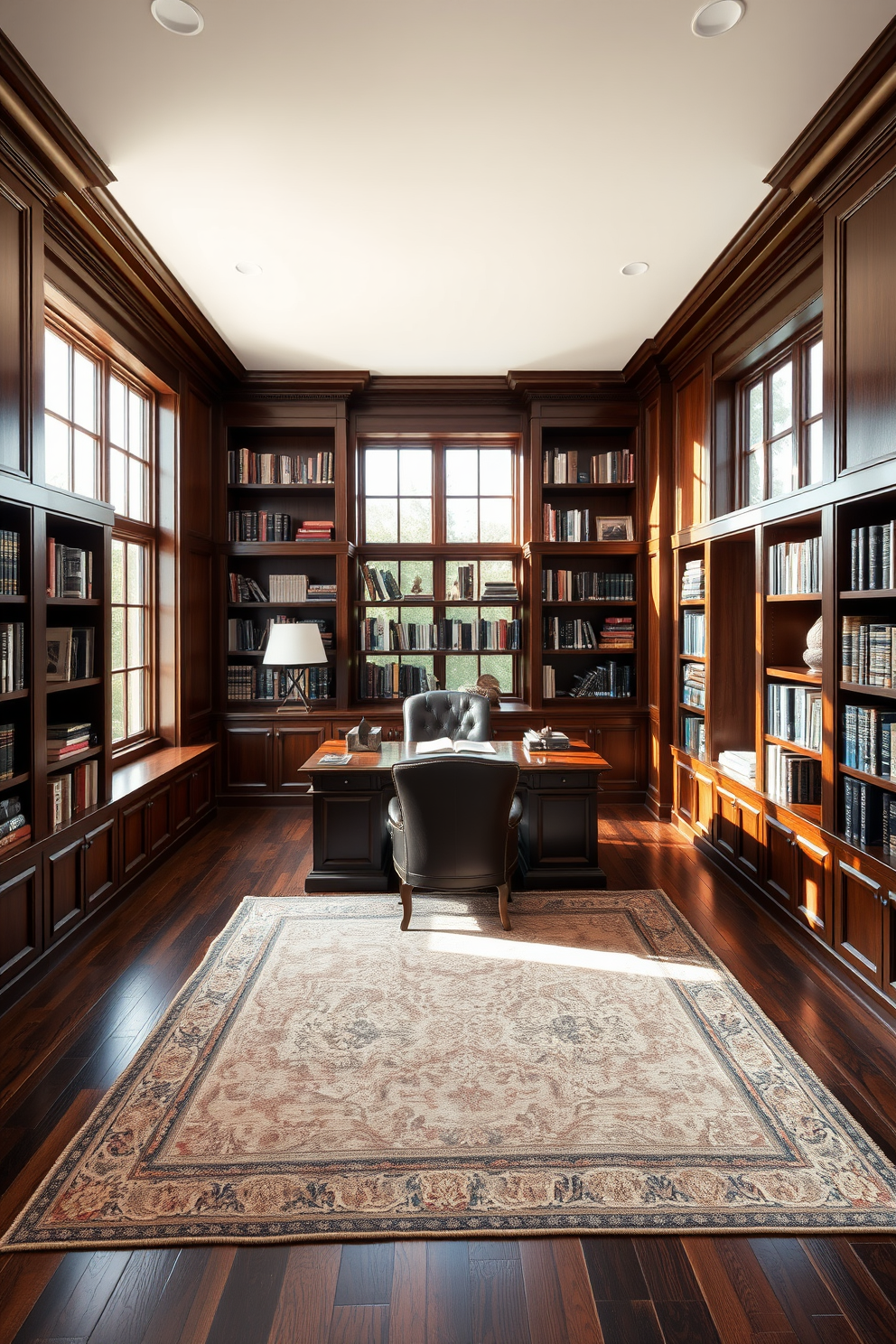 A large study room designed with dark wood accents creates a sophisticated atmosphere. The room features built-in shelves filled with books, a grand wooden desk, and a plush leather chair for comfort. Natural light floods the space through large windows, highlighting the rich textures of the dark wood finishes. A stylish area rug anchors the room, adding warmth and a touch of elegance.