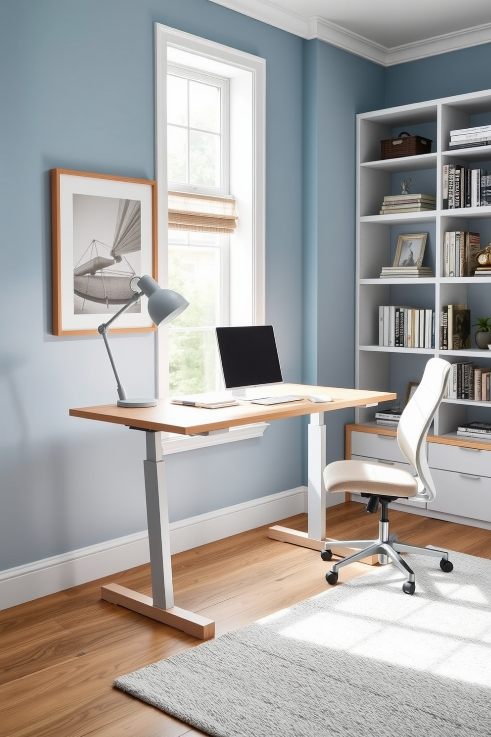 A spacious study room featuring an adjustable standing desk made of light wood with a sleek design. The desk is positioned near a large window, allowing natural light to illuminate the workspace. The walls are painted in a calming blue hue, complemented by a plush area rug in soft gray. A comfortable ergonomic chair sits beside the desk, and shelves filled with books and decorative items line the walls.