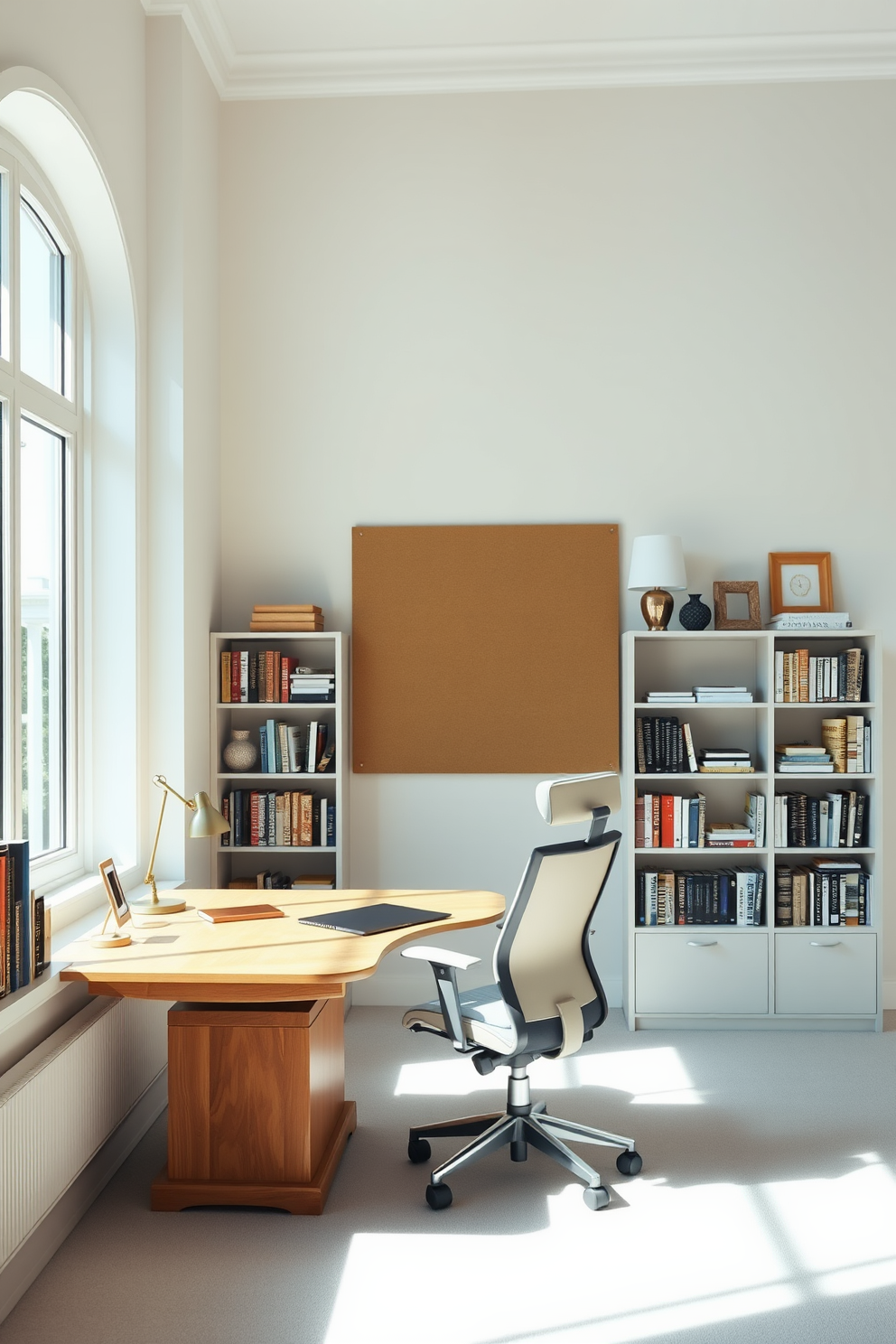 A spacious study room filled with natural light. The focal point is a large bulletin board mounted on the wall, surrounded by shelves filled with books and decorative items. A sleek wooden desk sits in front of a window, complemented by a comfortable ergonomic chair. Soft, neutral tones dominate the color scheme, creating a calm and inviting atmosphere.