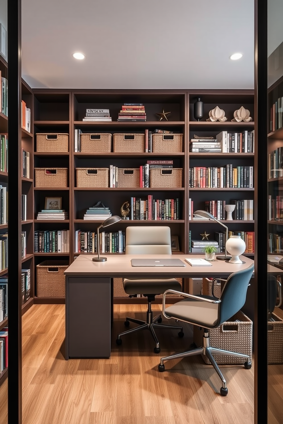 Stylish storage bins for a tidy space. The bins are made of woven fabric in neutral tones and are neatly arranged on open shelves. Large study room design ideas. The room features a spacious desk with a sleek design, surrounded by bookshelves filled with colorful books and decorative items.