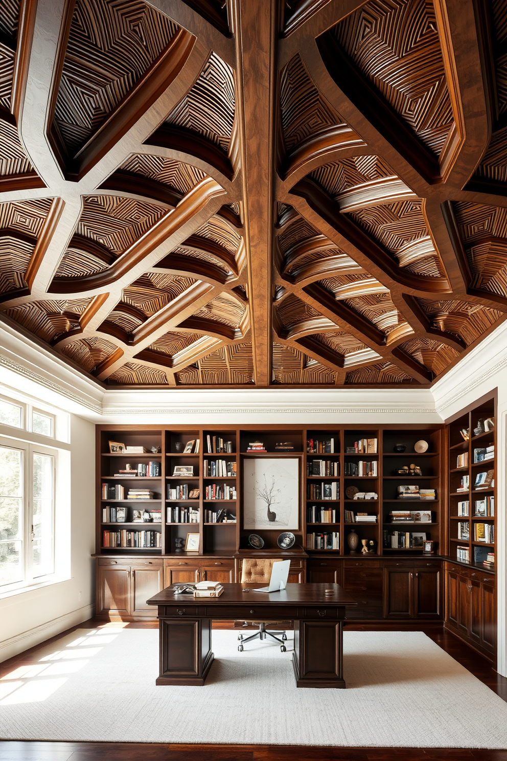 A unique ceiling design featuring intricate wood paneling that adds depth and character to the space. The ceiling is painted in a soft white color to enhance the room's brightness and create a striking contrast with the dark wood. A large study room with a spacious layout that includes a custom-built bookshelf filled with books and decorative items. A large wooden desk is positioned near a window, providing ample natural light for an inspiring workspace.