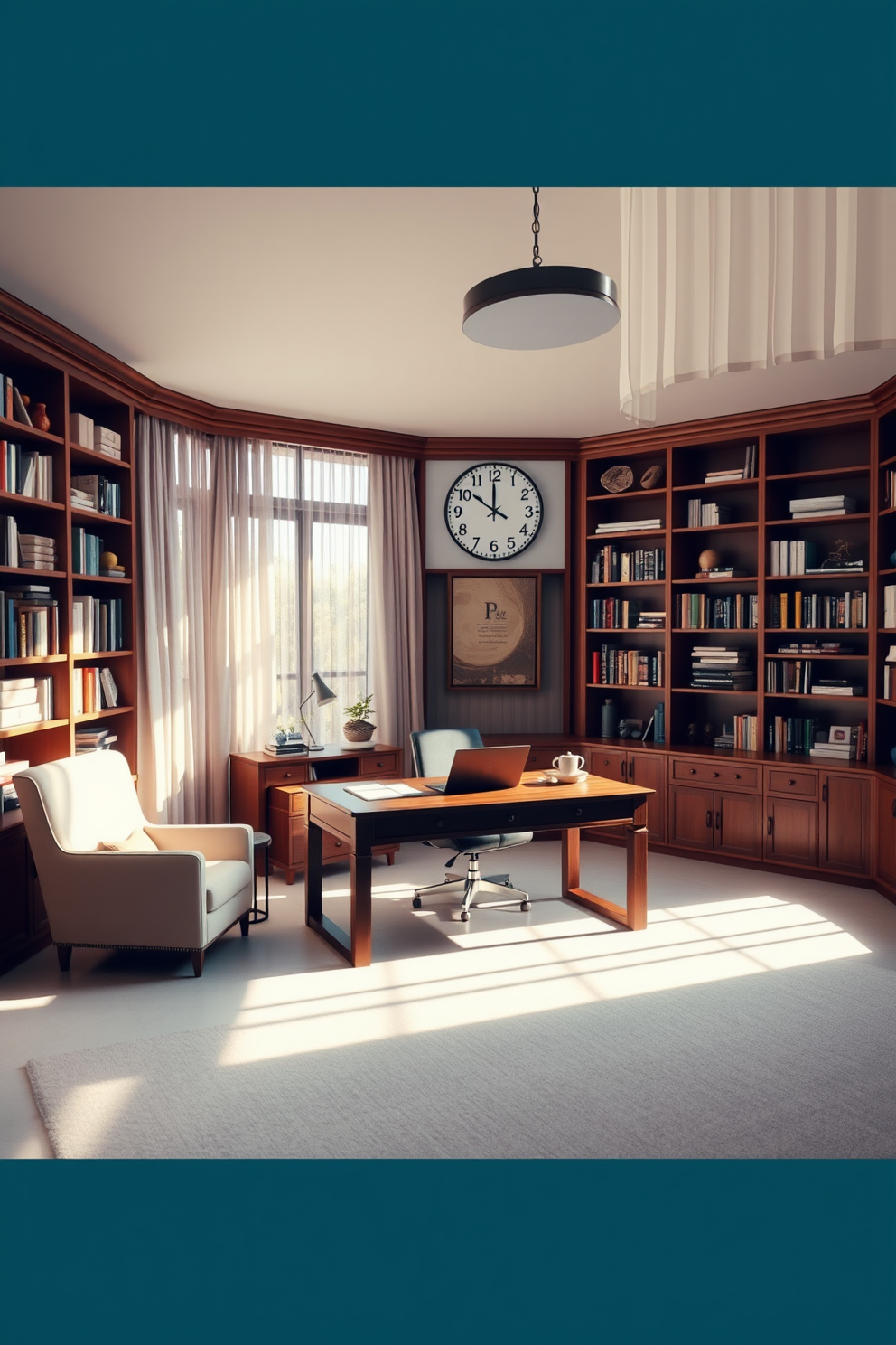 A spacious study room featuring a large wooden desk positioned in the center, surrounded by shelves filled with books and decorative items. A large clock is mounted on the wall, providing a stylish yet functional element to help with time management. Natural light floods the room through large windows adorned with sheer curtains, creating a warm and inviting atmosphere. A comfortable armchair sits in one corner, accompanied by a small side table for a cozy reading nook.