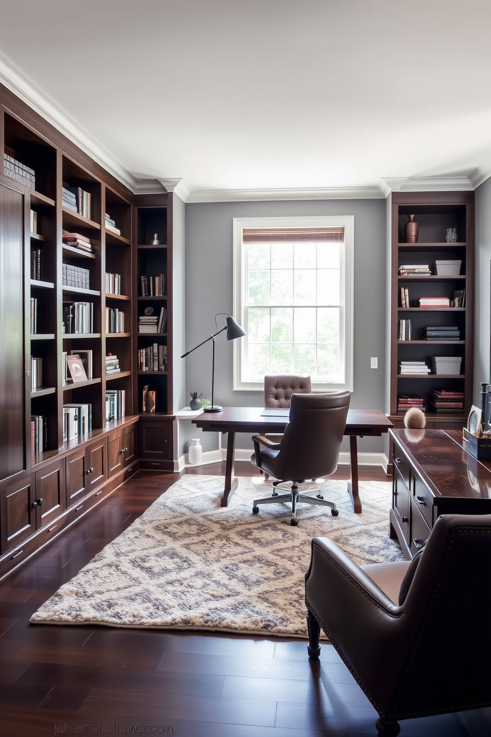 A spacious study room with built-in shelves along one wall, providing organized storage for books and decorative items. The shelves are made of dark wood, complementing a large wooden desk positioned in front of a window that allows natural light to flood the space. The walls are painted in a soft gray, creating a calming atmosphere, while a plush area rug in a muted pattern adds warmth underfoot. A comfortable leather chair sits at the desk, paired with a stylish floor lamp that enhances the room's functionality and aesthetic appeal.