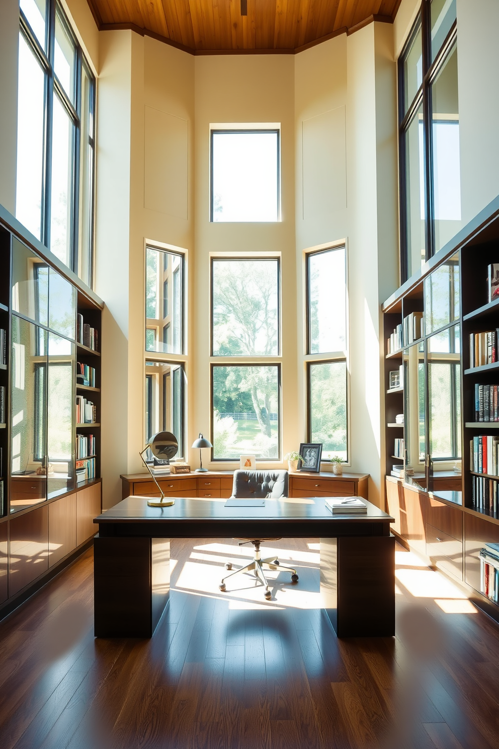 A spacious study room with large windows allowing natural light to flood the space. The walls are painted in a soft beige tone, complemented by dark wooden bookshelves filled with books and decorative items. A large wooden desk sits in the center, adorned with a sleek lamp and a stylish chair. Mirrors are strategically placed to reflect light and create an airy atmosphere, enhancing the overall brightness of the room.