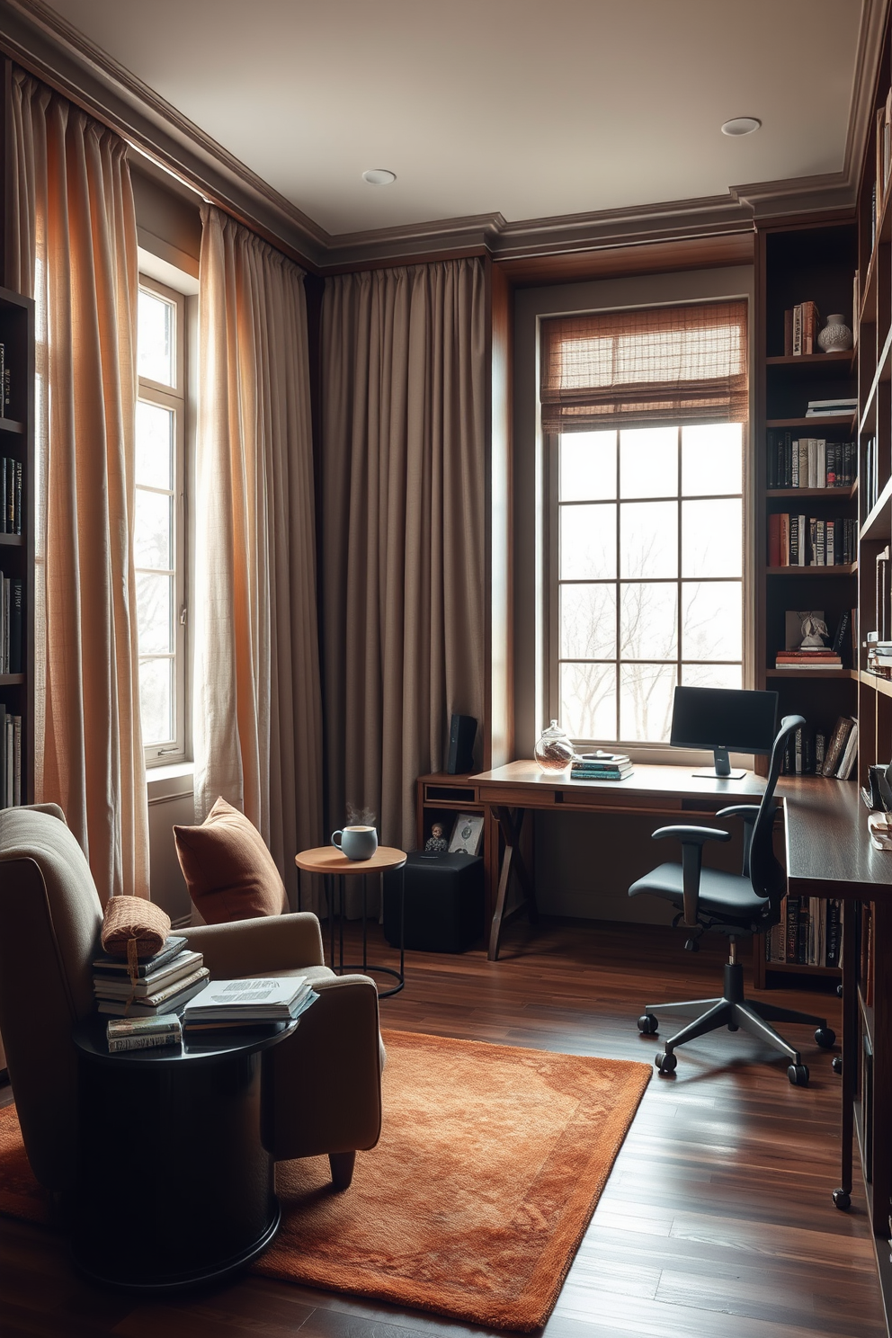 Cozy reading nook with armchair. A plush armchair is positioned next to a large window, draped with soft curtains that filter the natural light. A small side table holds a stack of books and a steaming cup of tea. Surrounding the nook are shelves filled with books, and a warm rug adds comfort to the space. Large study room design ideas. The room features a spacious desk with a sleek design, positioned to face a wall of windows that provide ample light. A comfortable ergonomic chair complements the desk, and built-in shelves are filled with organized books and decorative items.