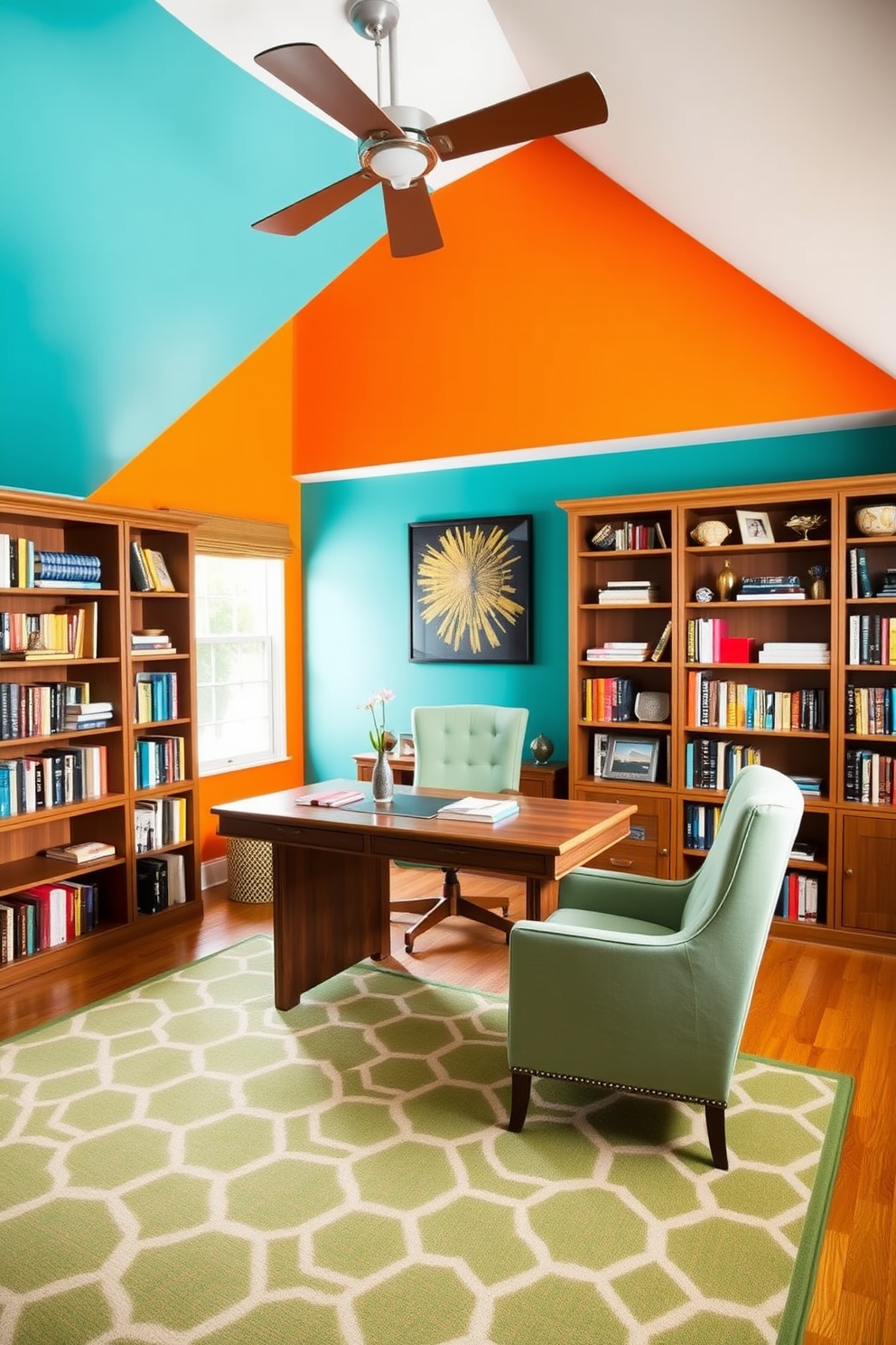 A vibrant accent wall painted in bold hues of teal and orange serves as the focal point of the spacious study room. The room features a large wooden desk positioned by a window, surrounded by bookshelves filled with colorful books and decorative items. Comfortable seating includes a plush armchair in a complementary color, inviting relaxation and creativity. A stylish rug with geometric patterns ties the space together, enhancing the overall aesthetic of the study.