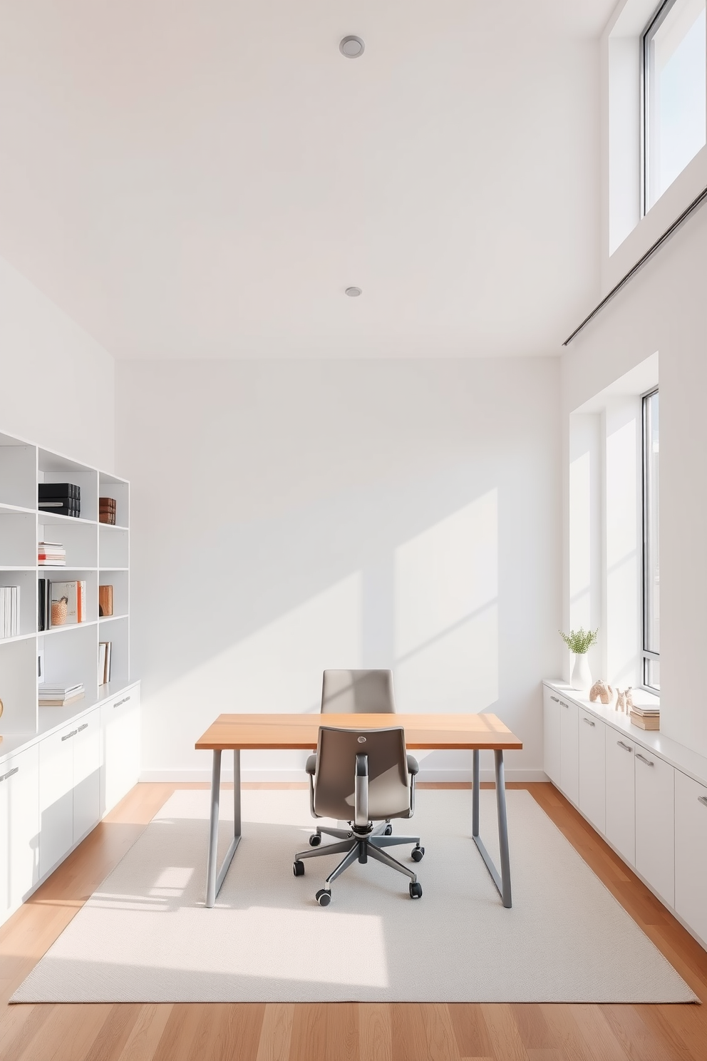 A spacious study room featuring minimalist decor emphasizes a clean and uncluttered aesthetic. The walls are painted in a soft white hue, and natural light floods in through large windows, enhancing the serene atmosphere. A sleek wooden desk sits in the center, accompanied by a comfortable ergonomic chair. Simple shelving units line the walls, displaying a few select books and decorative items to maintain an organized yet inviting space.