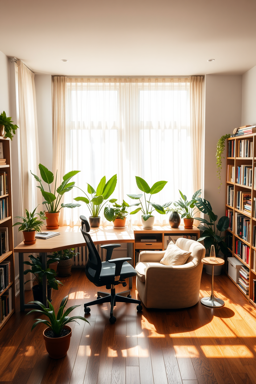 A spacious study room filled with natural light. There are large windows adorned with sheer curtains that softly diffuse the sunlight, creating a warm atmosphere. The room features a sleek wooden desk positioned against one wall, complemented by a comfortable ergonomic chair. Potted plants are strategically placed around the room, adding a refreshing touch of greenery and enhancing the overall ambiance. Bookshelves line the walls, filled with an array of books and decorative items. A cozy reading nook is created with a plush armchair and a small side table, inviting relaxation and focus.