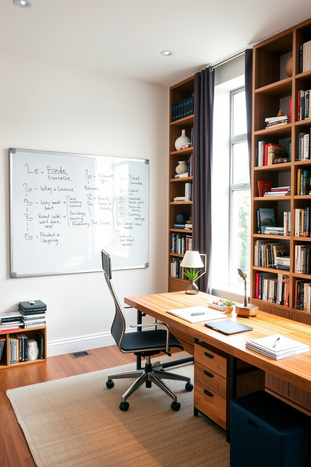 A spacious study room designed for productivity and creativity. The focal point is a large whiteboard mounted on the wall, ideal for brainstorming sessions and organizing thoughts. The room features a sleek wooden desk with an ergonomic chair, positioned to take advantage of natural light from a large window. Bookshelves filled with an array of books and decorative items line the walls, adding character and inspiration to the space.