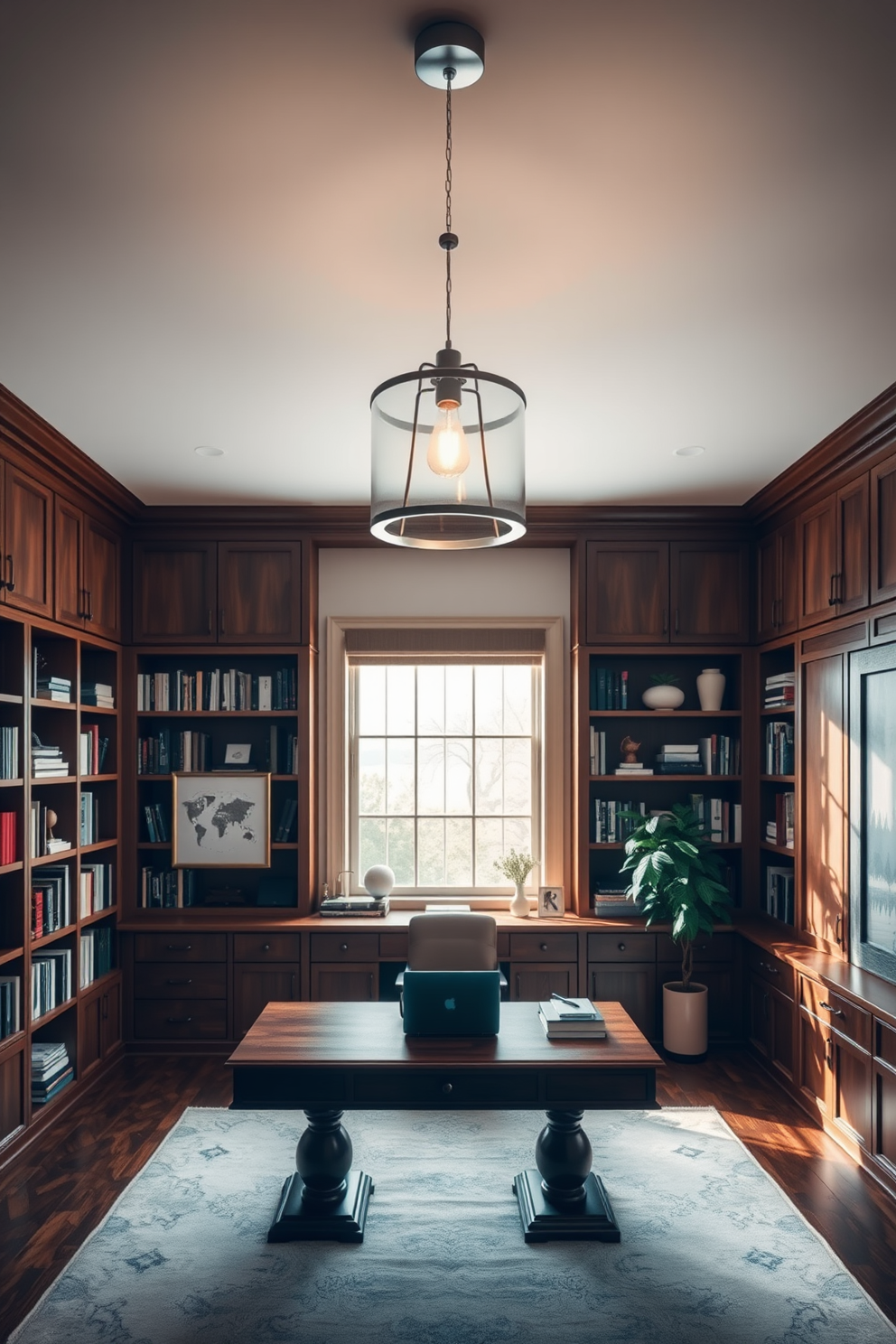 A stylish pendant light fixture hangs gracefully from the ceiling, casting a warm glow over the spacious study room. The light features a modern design with a sleek finish, complementing the overall aesthetic of the space. The large study room is designed with a blend of comfort and functionality, featuring a substantial wooden desk positioned near a window for natural light. Bookshelves line the walls, filled with an array of books and decorative items, creating an inviting atmosphere for productivity.