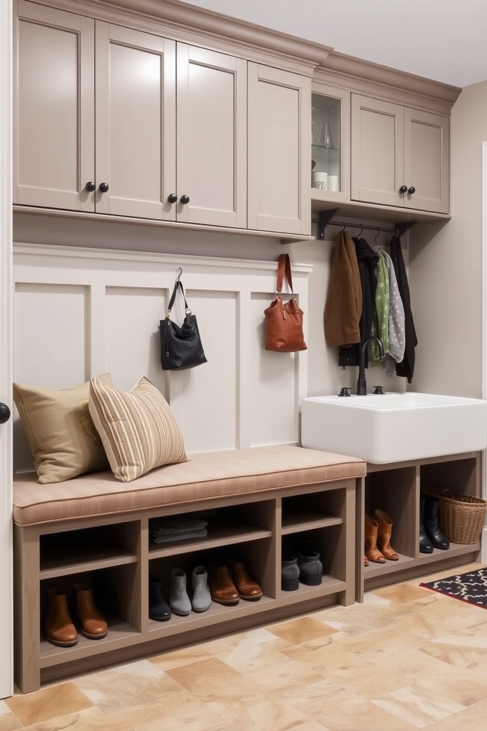 Cozy seating with storage underneath. A comfortable bench upholstered in soft fabric sits against the wall, with built-in cubbies below for shoes and bags. Laundry mudroom design ideas. The space features a large farmhouse sink and a wall of cabinets for storage, with hooks above for coats and bags.