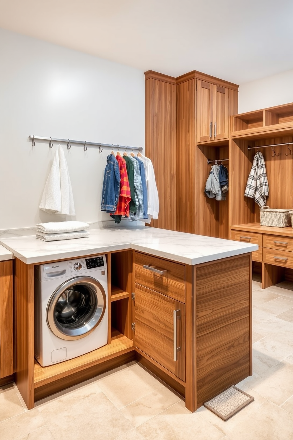 A stylish multi-functional island for folding clothes features a smooth quartz countertop with ample space for sorting laundry. Below the countertop, there are open shelves for storing baskets and a built-in laundry hamper for easy access. The laundry mudroom is designed with a combination of cabinetry and hooks for organization. Warm wood tones complement the space, while a durable tile floor adds practicality and ease of cleaning.