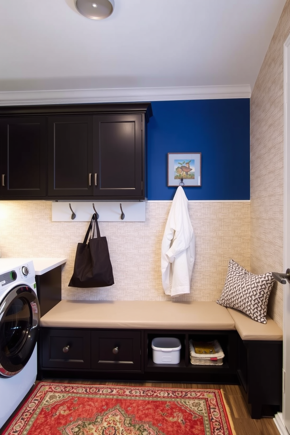 A stylish laundry mudroom features an accent wall adorned with textured wallpaper in a soft, neutral tone. The space includes built-in storage benches and hooks for bags, creating a functional yet inviting entry point. The accent wall in the laundry mudroom is painted in a bold color that contrasts beautifully with the cabinetry. Complementing the design, a vintage-style rug adds warmth and character to the space.