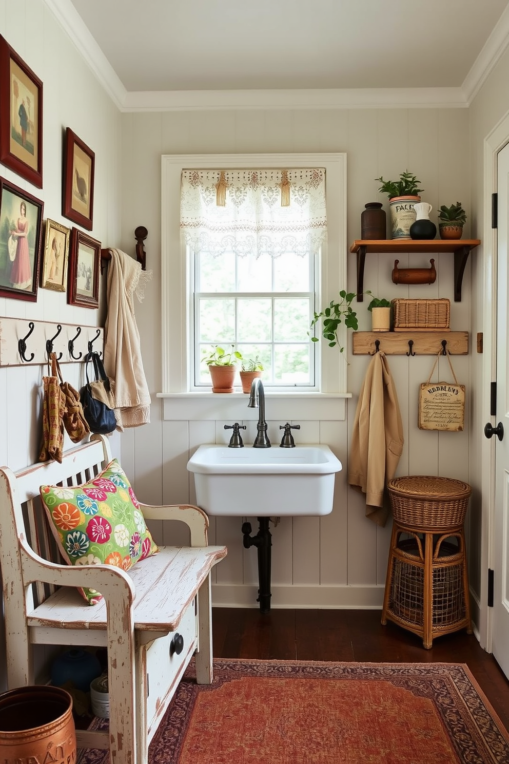 A charming laundry mudroom features vintage decor elements that create a warm and inviting atmosphere. The space includes a distressed wooden bench with colorful patterned cushions and a collection of antique hooks for hanging coats and bags. The walls are adorned with a mix of vintage artwork and rustic shelves displaying decorative jars and potted plants. A classic farmhouse sink sits beneath a window, framed by lace curtains, with a patterned rug adding a cozy touch to the floor.