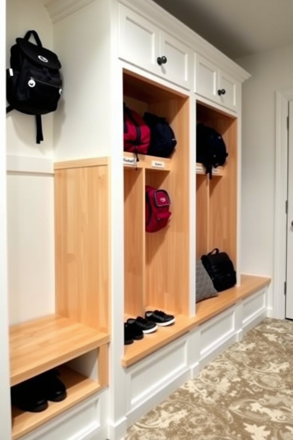 A functional mudroom with cubbies for shoes and backpacks. The cubbies are made of light wood with a natural finish, and each cubby is labeled with a nameplate for personalization. The space features a built-in bench with soft cushions for comfort. The walls are painted a crisp white, and the floor is covered in durable, patterned tiles that can withstand heavy traffic.