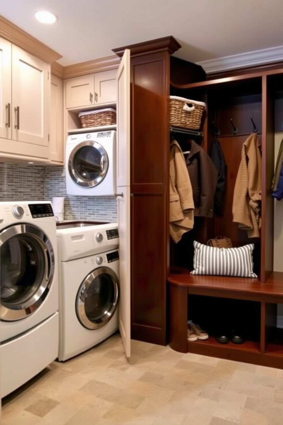 A functional laundry room features built-in cabinets with laundry baskets neatly tucked inside. The space is designed with a practical layout that includes a countertop for folding clothes and a stylish backsplash. The mudroom is designed for efficiency, with hooks for coats and bags along one wall. A bench provides seating and storage for shoes, while a durable floor material withstands daily wear and tear.