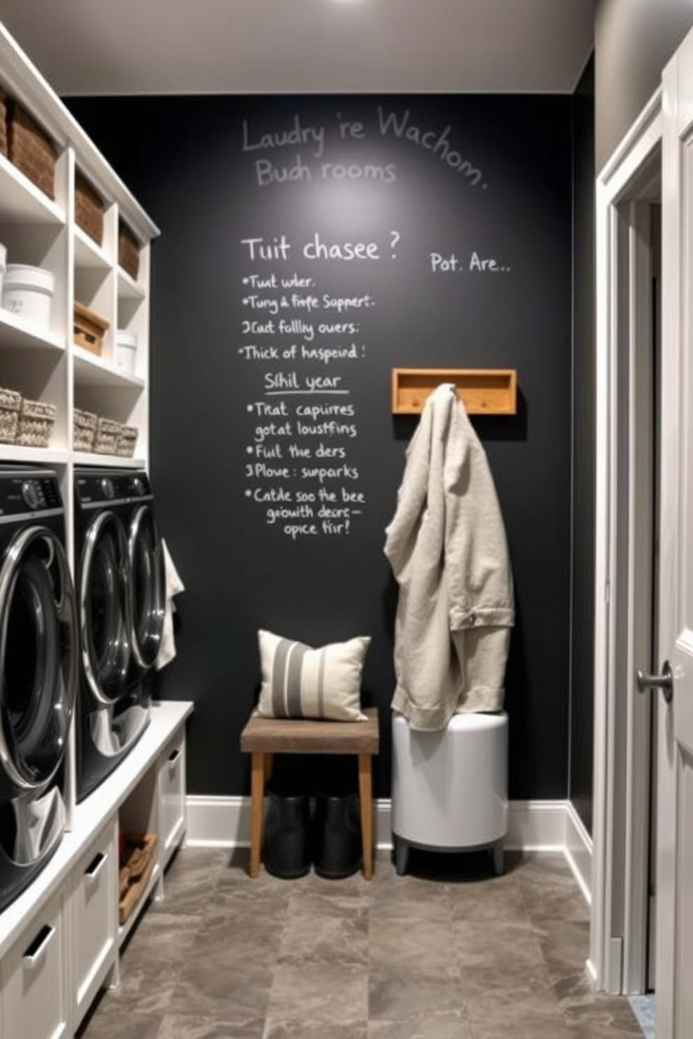 A functional laundry mudroom features a chalkboard wall for notes and reminders. The space includes built-in shelving for storage, a bench for seating, and a durable floor that can withstand heavy use.