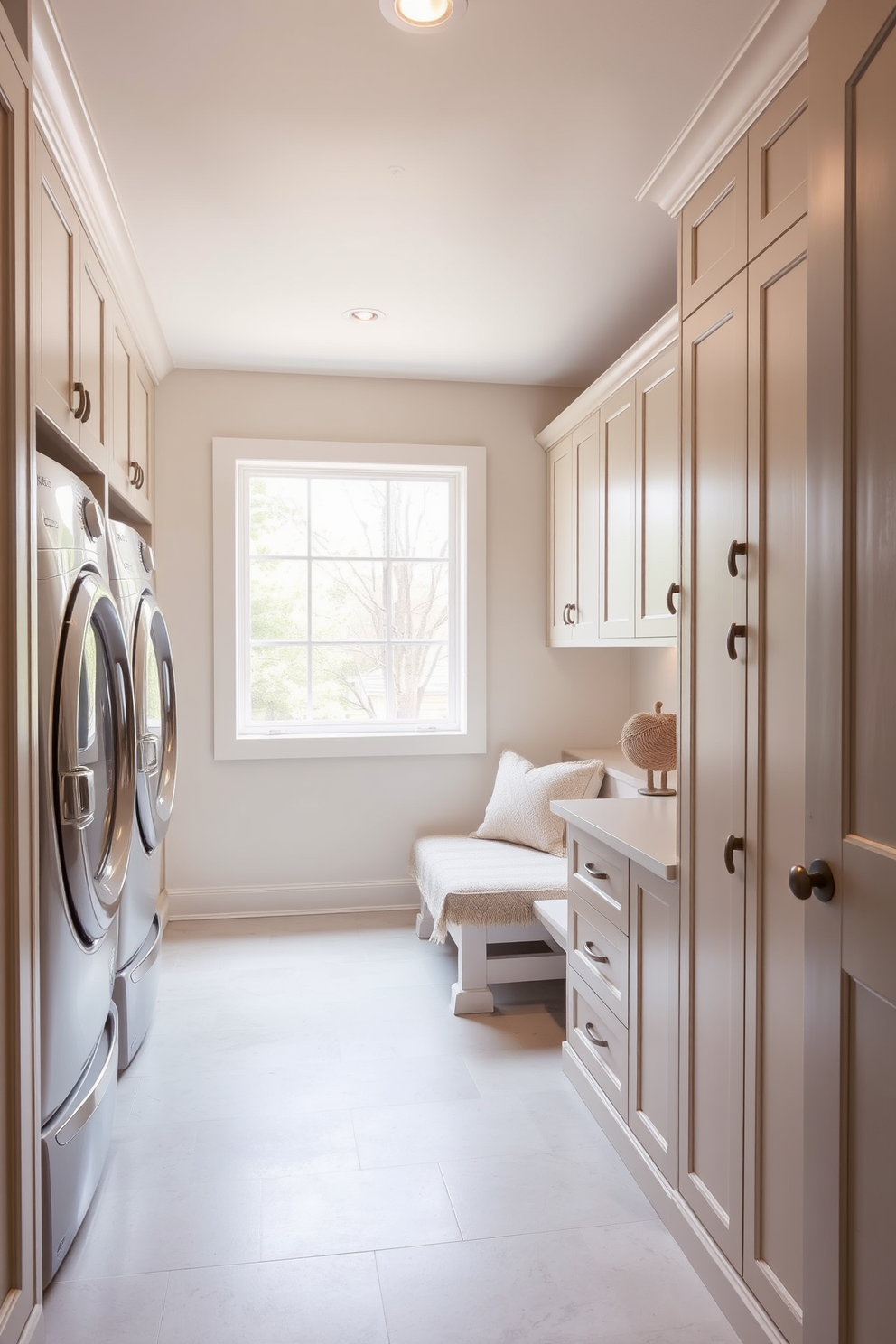 A serene laundry mudroom with a neutral palette to create a calming effect. The space features built-in cabinetry painted in soft beige, complemented by natural wood accents and a sleek white countertop. A large window allows natural light to flood the room, enhancing the airy feel. The floor is covered with light gray tiles, and a cozy bench with storage underneath invites relaxation.