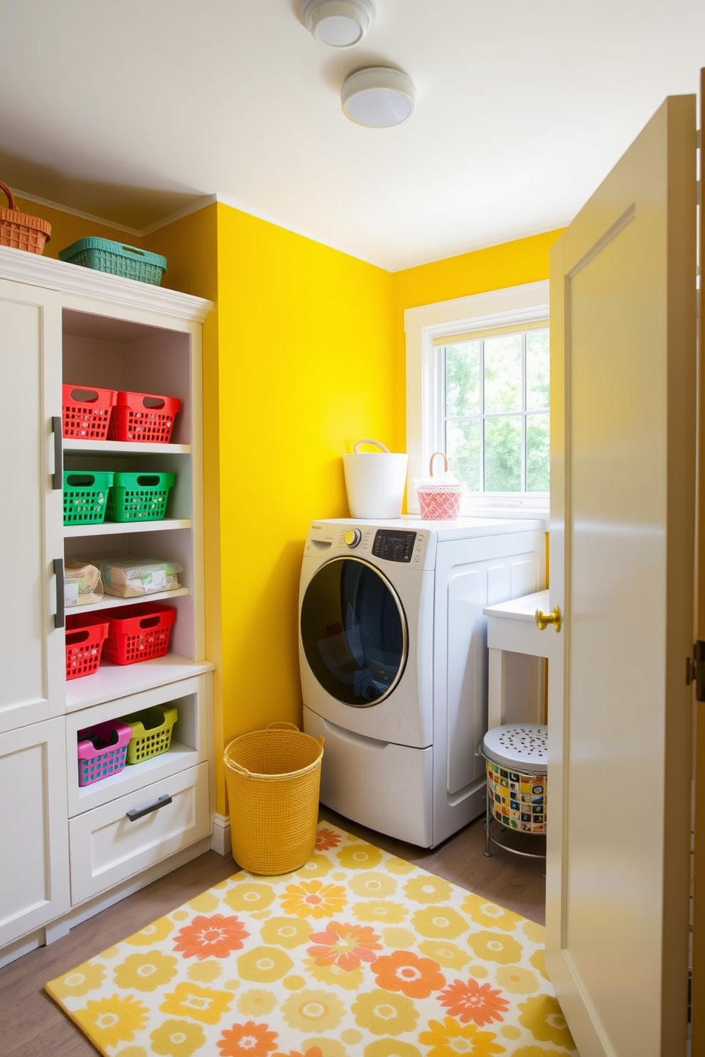 A bright and cheerful laundry mudroom features vibrant yellow walls that instantly uplift the space. The room includes a spacious white cabinet with open shelving, displaying colorful baskets for organization. A large window allows natural light to flood in, enhancing the lively atmosphere. A cheerful patterned rug sits on the floor, complementing the playful aesthetic of the room.