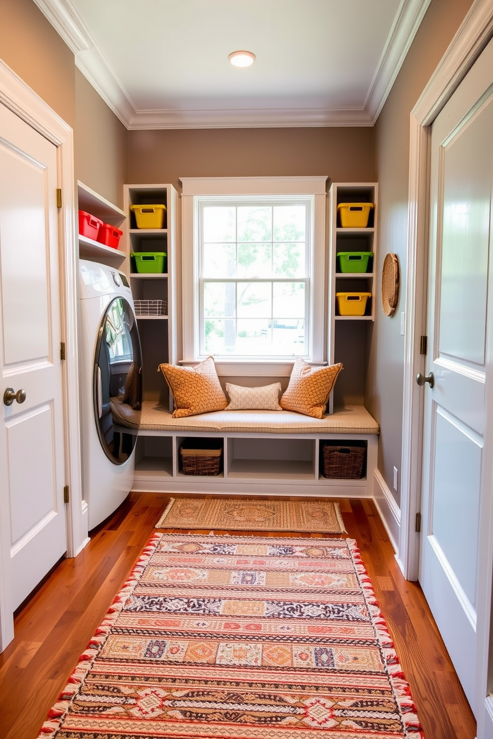 Textured rugs are layered on a warm wooden floor, creating a cozy atmosphere in the laundry mudroom. The space features a built-in bench with soft cushions, surrounded by open shelving for easy access to laundry essentials. Brightly colored storage bins are neatly arranged on the shelves, adding a playful touch to the functional design. A large window allows natural light to flood the room, enhancing the inviting feel of this practical space.