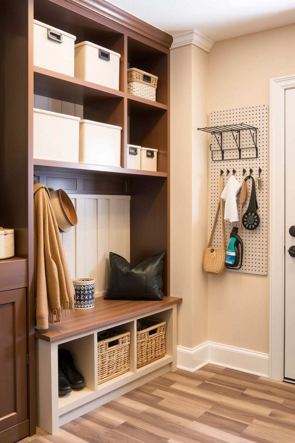 Vertical storage solutions for small spaces. Utilize tall shelving units that reach the ceiling while maintaining a streamlined look with decorative boxes and baskets for organization. Laundry mudroom design ideas. Incorporate a bench with built-in storage underneath for shoes and bags, complemented by wall-mounted hooks for coats and a pegboard for easy access to cleaning supplies.