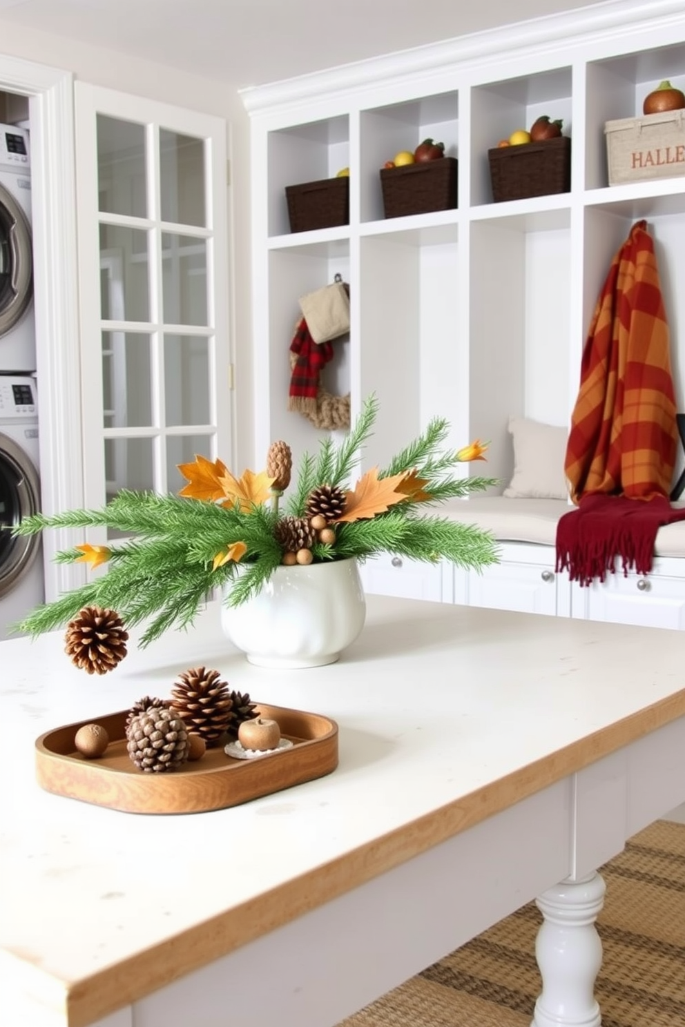 Seasonal decor to refresh the space. Incorporate natural elements such as pinecones and evergreen branches in a stylish arrangement on the coffee table, complemented by warm, cozy throws in rich autumn colors. Laundry mudroom design ideas. Create a functional layout with built-in shelves for storage and a bench for seating, featuring a color palette of soft blues and whites to evoke a fresh and inviting atmosphere.