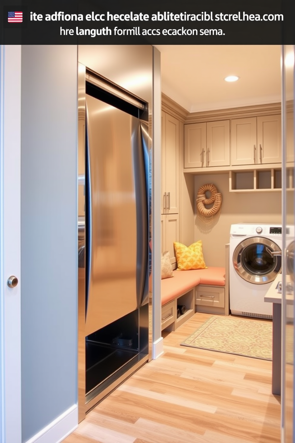 A laundry chute seamlessly integrates into the home, providing easy access from multiple floors. The chute is crafted from sleek stainless steel and features a hinged door for convenience. The laundry mudroom boasts functional storage solutions with built-in cabinets and a bench for seating. The space is designed with durable flooring and a vibrant color palette to create an inviting atmosphere.