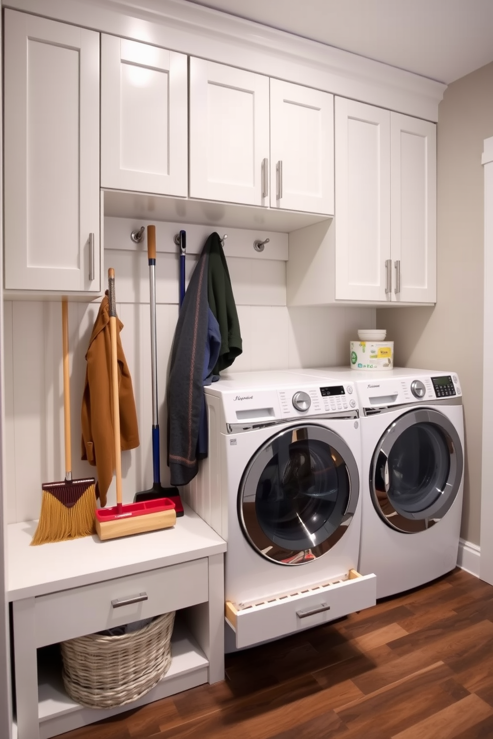 Under counter storage for cleaning supplies. The design features a series of sleek cabinets with pull-out drawers, providing easy access to brooms and mops. Laundry mudroom design ideas. The space includes a built-in bench with hooks above for coats, and a large laundry basket is tucked neatly beside the washer and dryer.