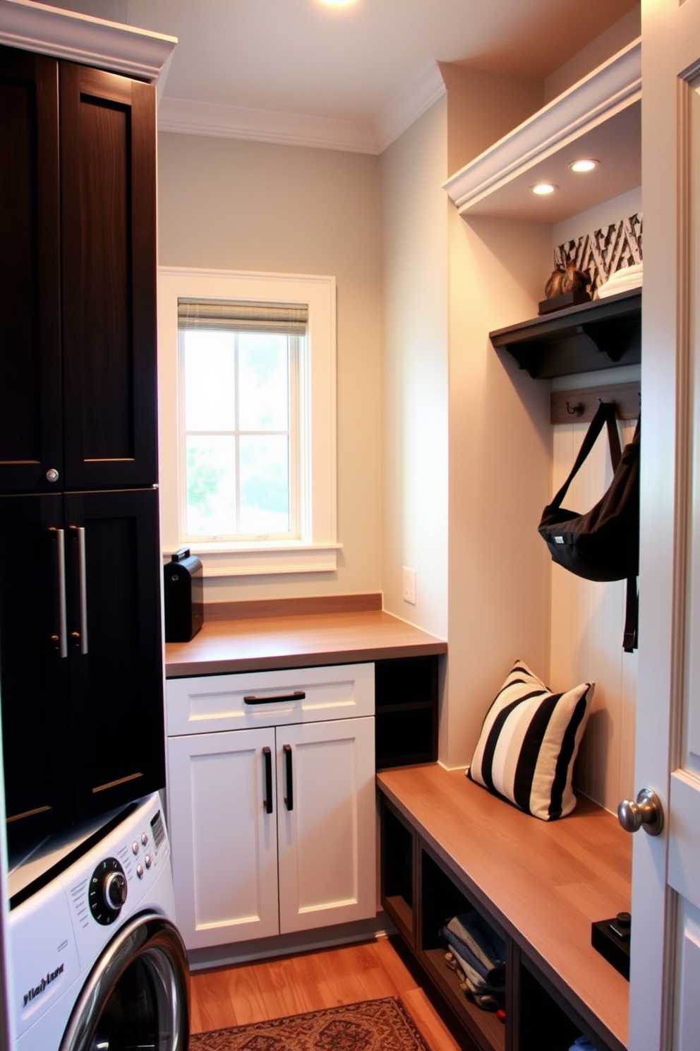 A stylish folding station is designed with sleek cabinets that provide ample storage for laundry essentials. The area features a countertop made of durable materials, perfect for folding clothes, and is accented by a decorative wall shelf for easy access to frequently used items. The laundry mudroom combines functionality and aesthetic appeal, with built-in benches and hooks for coats and bags. The space is illuminated by natural light from a nearby window, enhancing the inviting atmosphere while keeping the area organized and clutter-free.