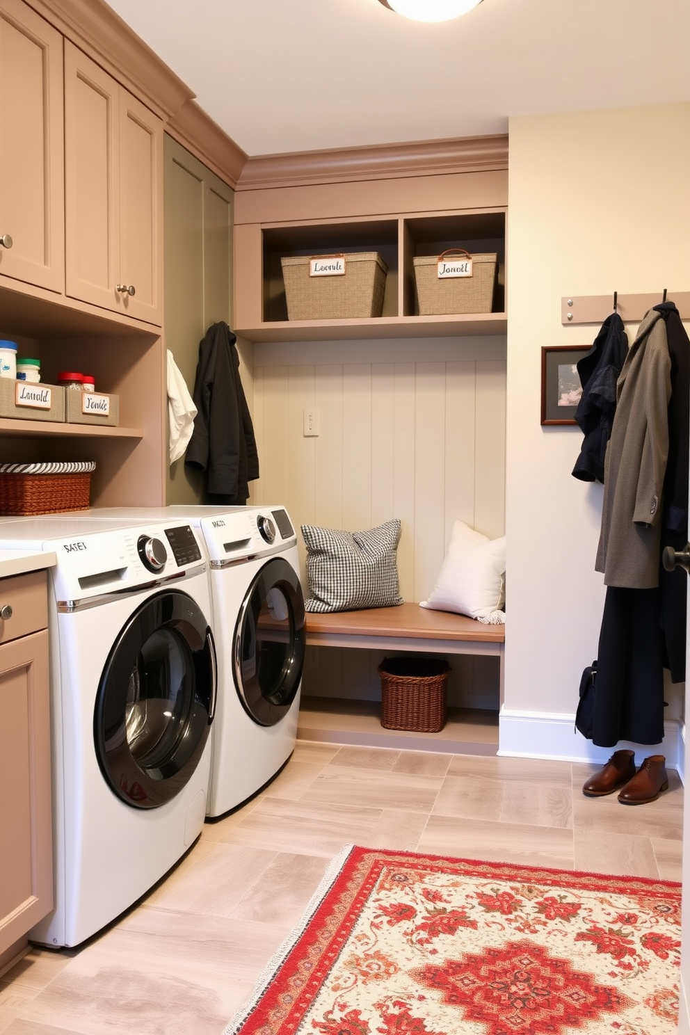 A functional laundry mudroom with personalized name tags for family organization. The space features built-in cabinetry with labeled bins for each family member, ensuring easy access to laundry supplies and personal items. The walls are painted in a soft, inviting color, and the flooring is durable yet stylish, perfect for high traffic. A large bench with hooks above provides a convenient spot for coats and bags, while a decorative rug adds warmth to the room.