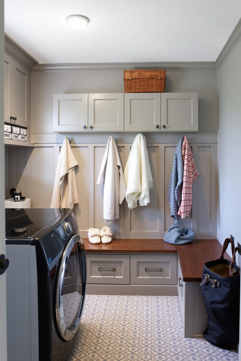 A functional laundry mudroom featuring wall-mounted drying racks for convenience. The space includes built-in cabinetry for storage and a bench for easy access to shoes and bags.