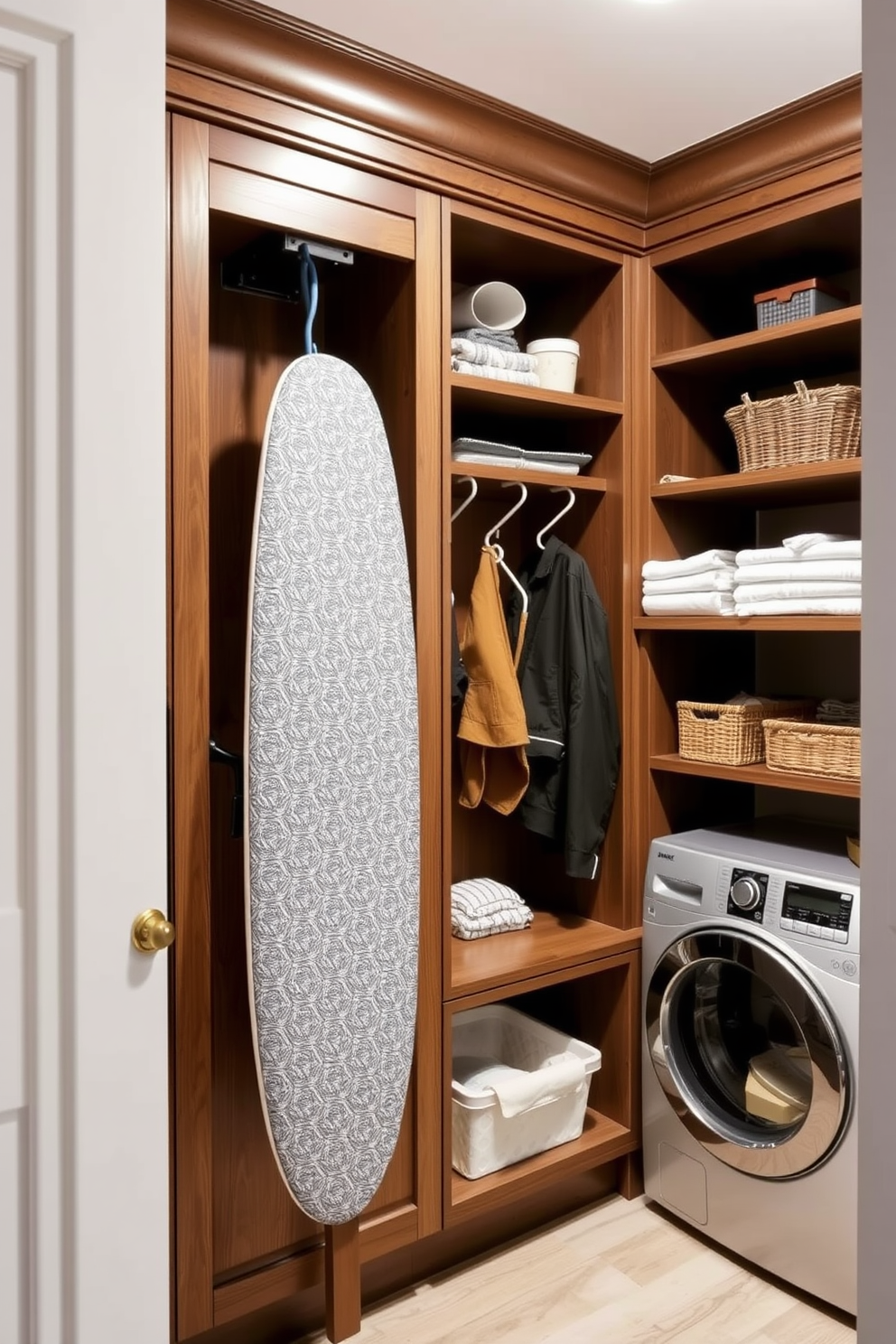 A functional laundry mudroom features a hidden ironing board seamlessly integrated into the cabinetry. The space is designed with ample storage, including shelves for laundry supplies and hooks for hanging clothes.