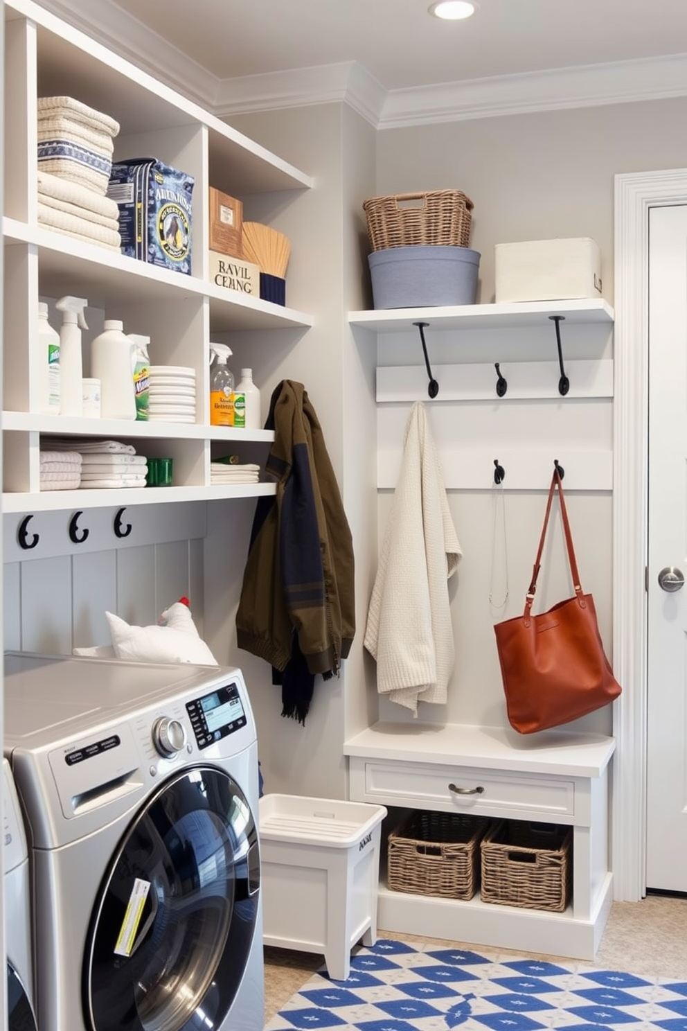 Open shelving lines the walls of the laundry mudroom, providing easy access to cleaning supplies and storage baskets. The space features a stylish bench with hooks above for coats and bags, and a cheerful color palette of soft blues and whites.