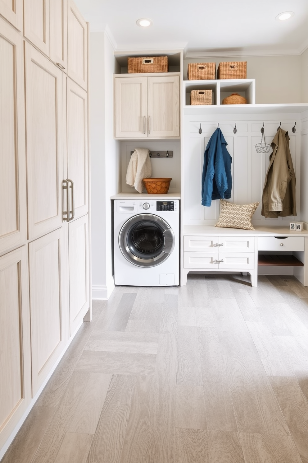 Stylish tile flooring that combines durability and aesthetics. The design features large, textured tiles in a neutral palette, providing a modern yet welcoming atmosphere. A functional laundry mudroom that maximizes space and organization. It includes built-in cabinetry, a bench for seating, and hooks for coats, all accented by vibrant tile flooring.